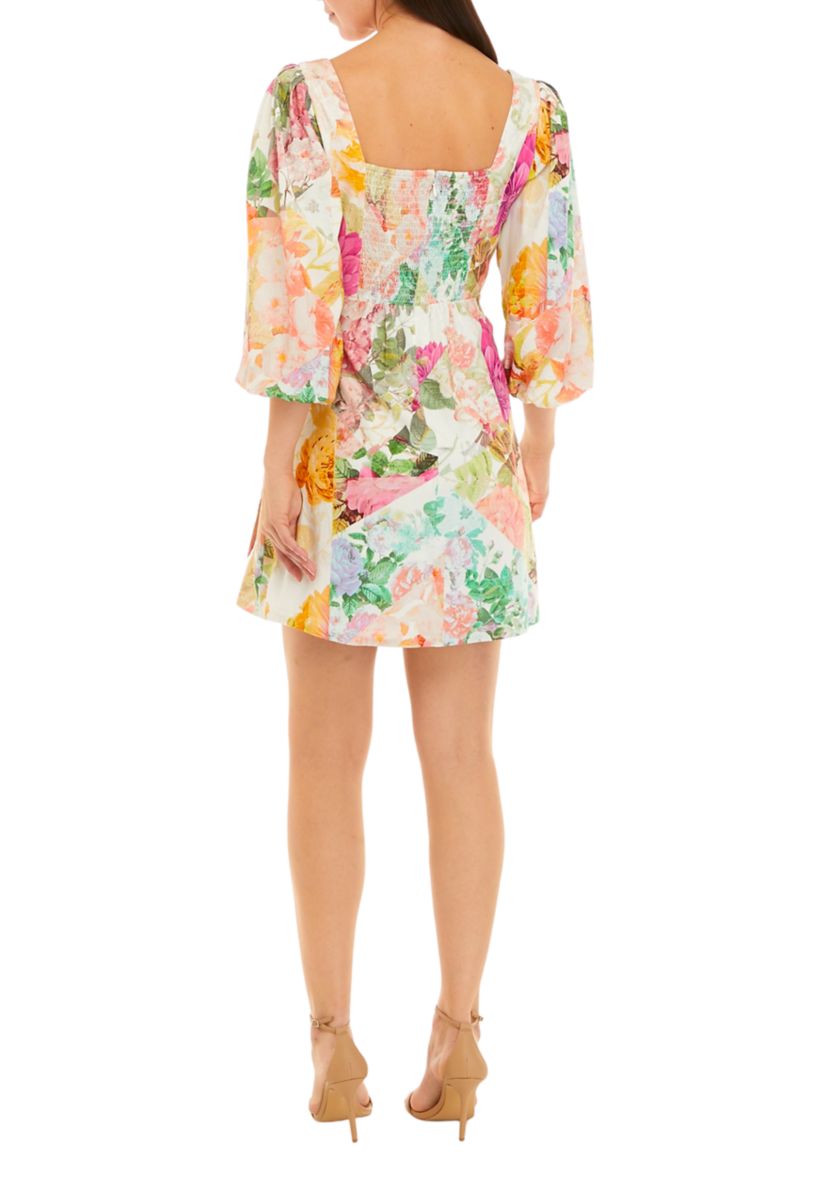 Womens 3/4 Sleeve Square Neck Floral Print Dress
