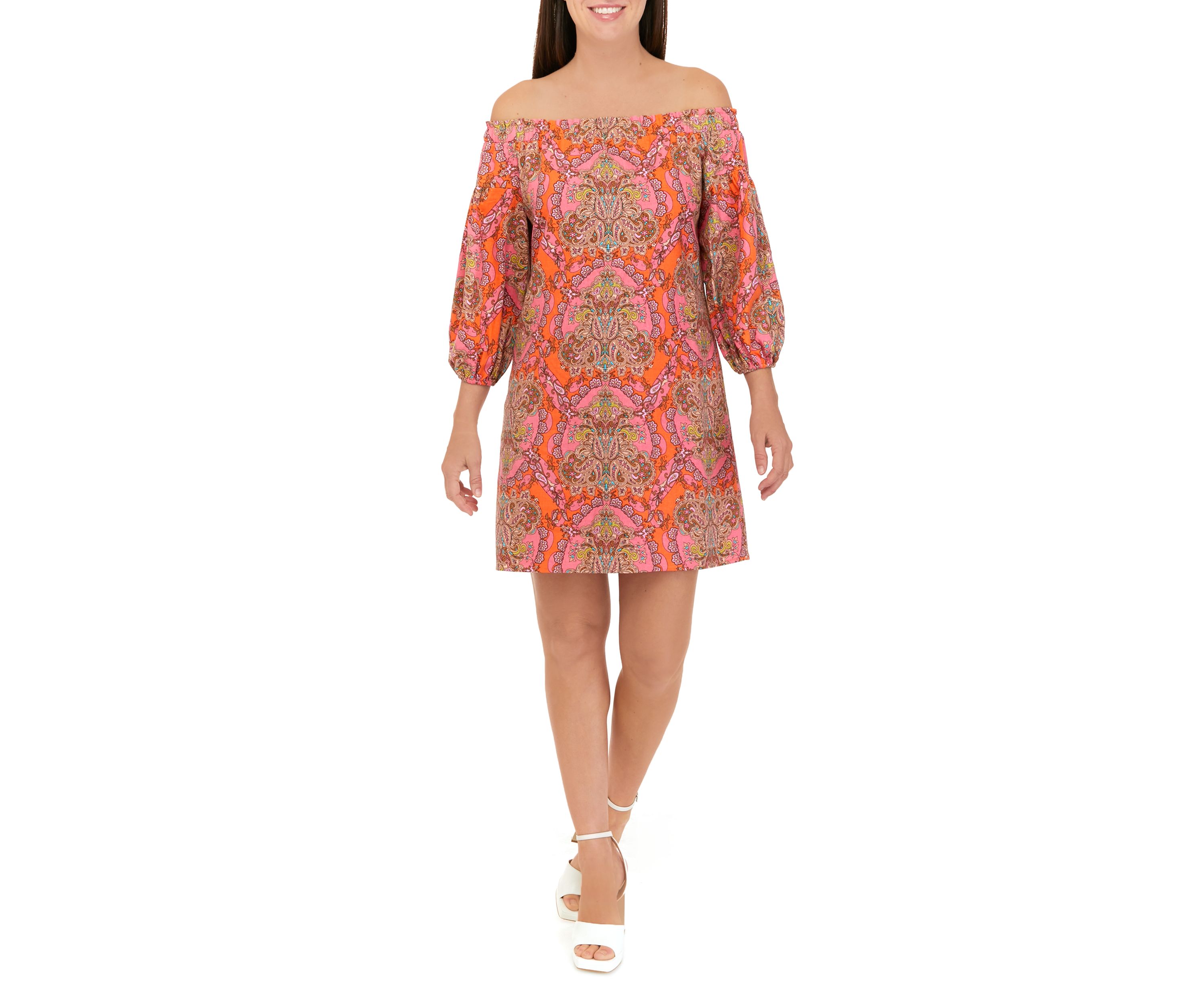 Womens Linen Off the Shoulder Shift Dress