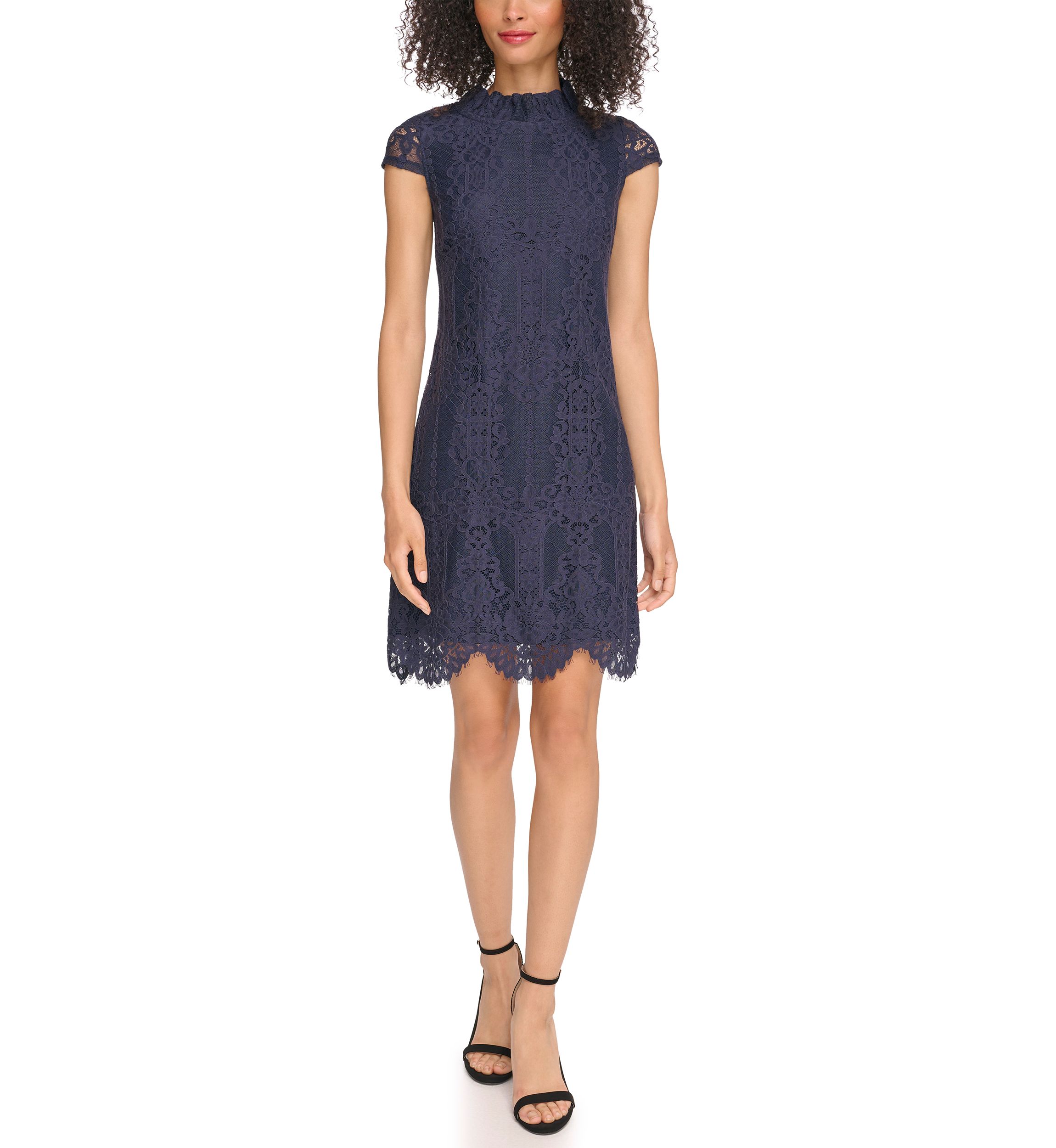 Womens Lace Ruffle Neck Shift Dress
