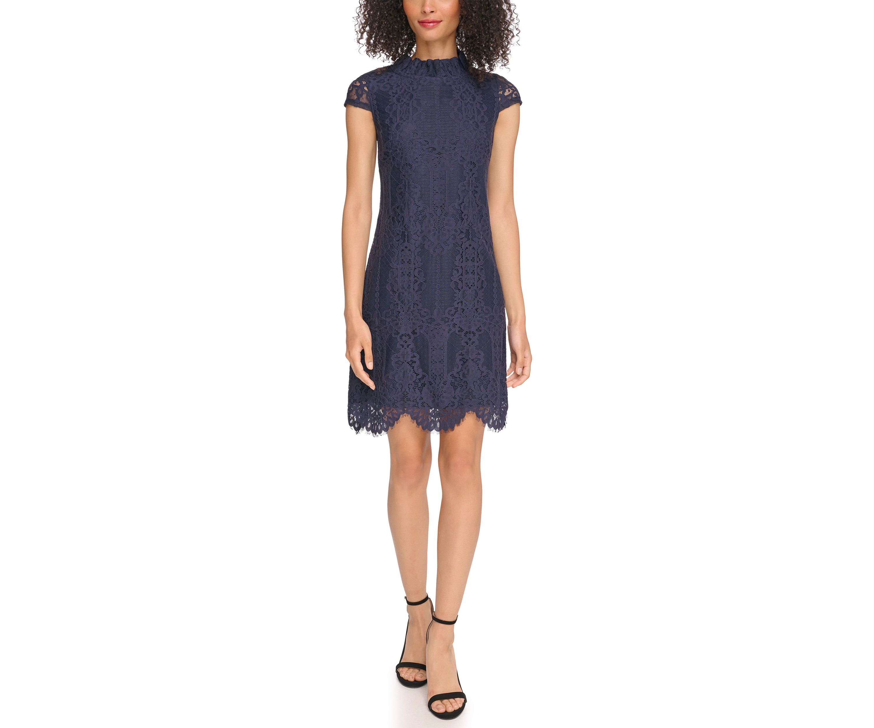 Womens Lace Ruffle Neck Shift Dress