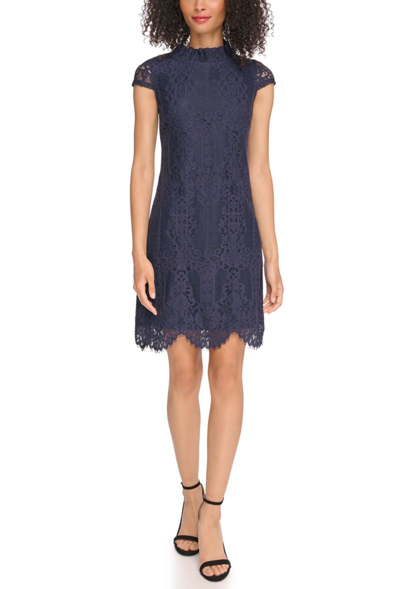 Womens Lace Ruffle Neck Shift Dress