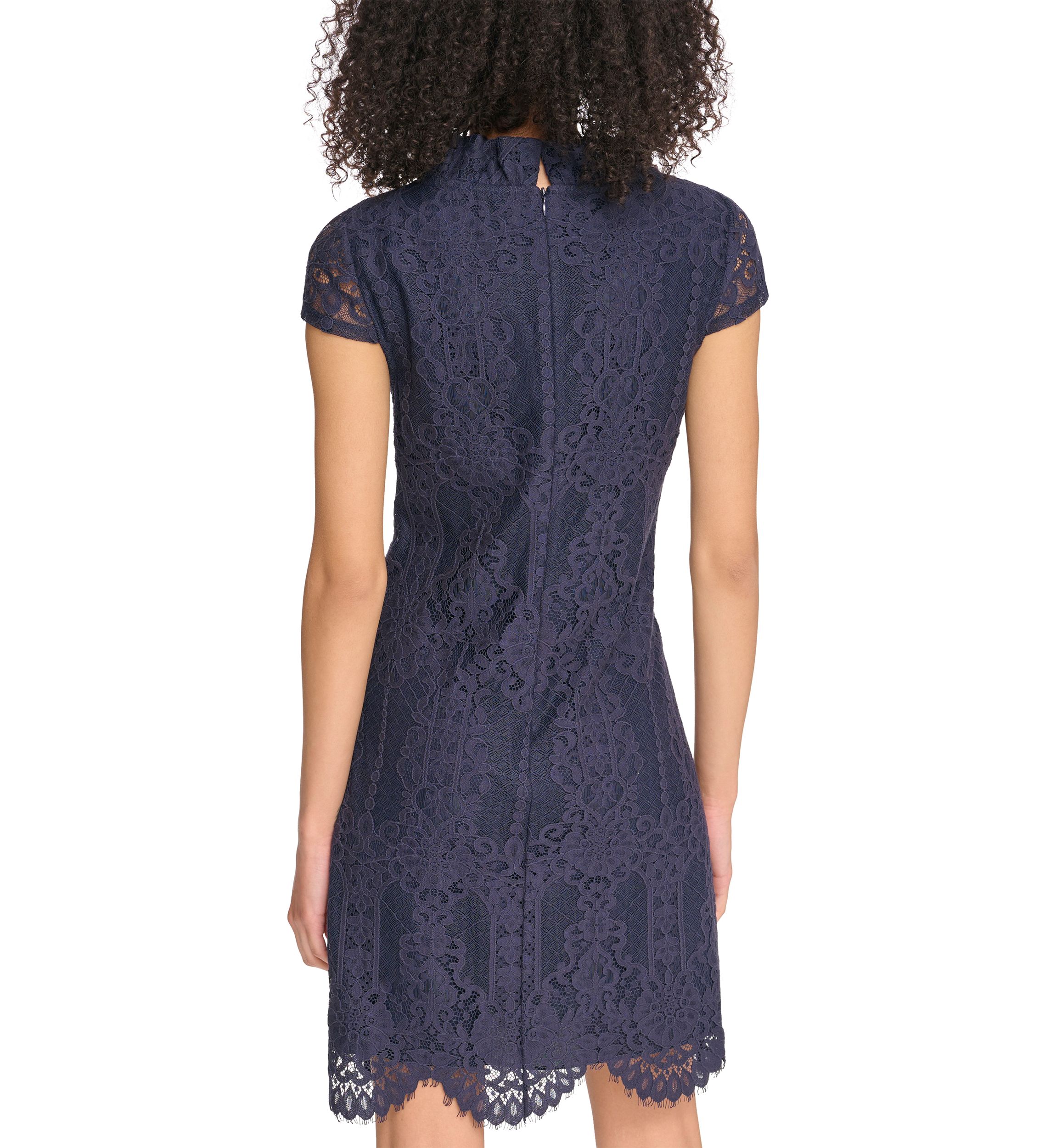 Womens Lace Ruffle Neck Shift Dress