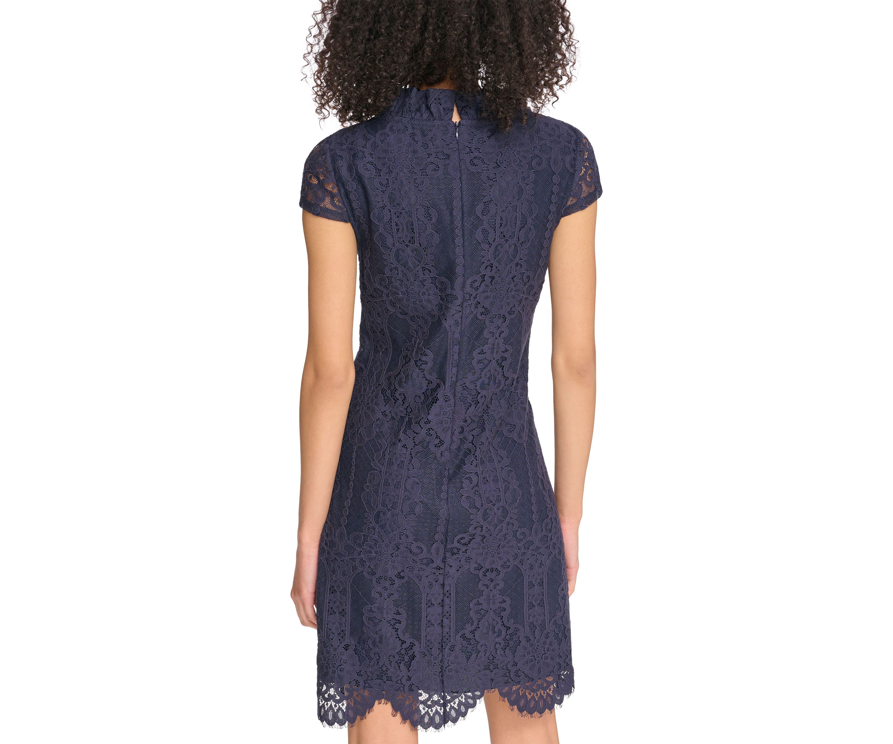 Womens Lace Ruffle Neck Shift Dress