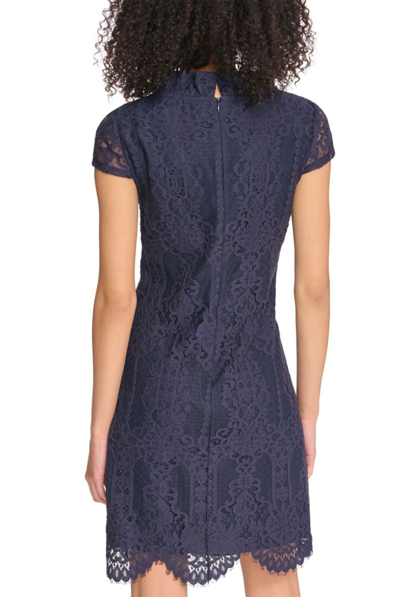 Womens Lace Ruffle Neck Shift Dress