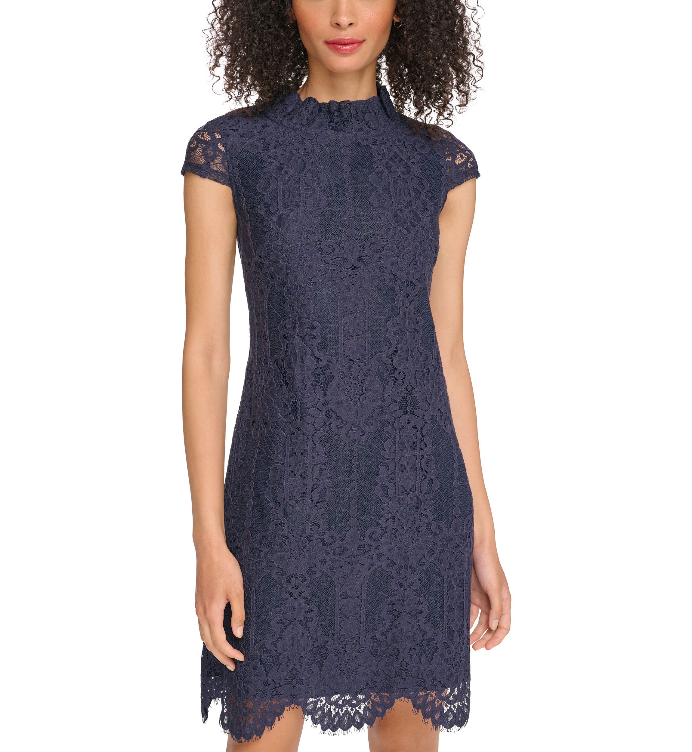 Womens Lace Ruffle Neck Shift Dress