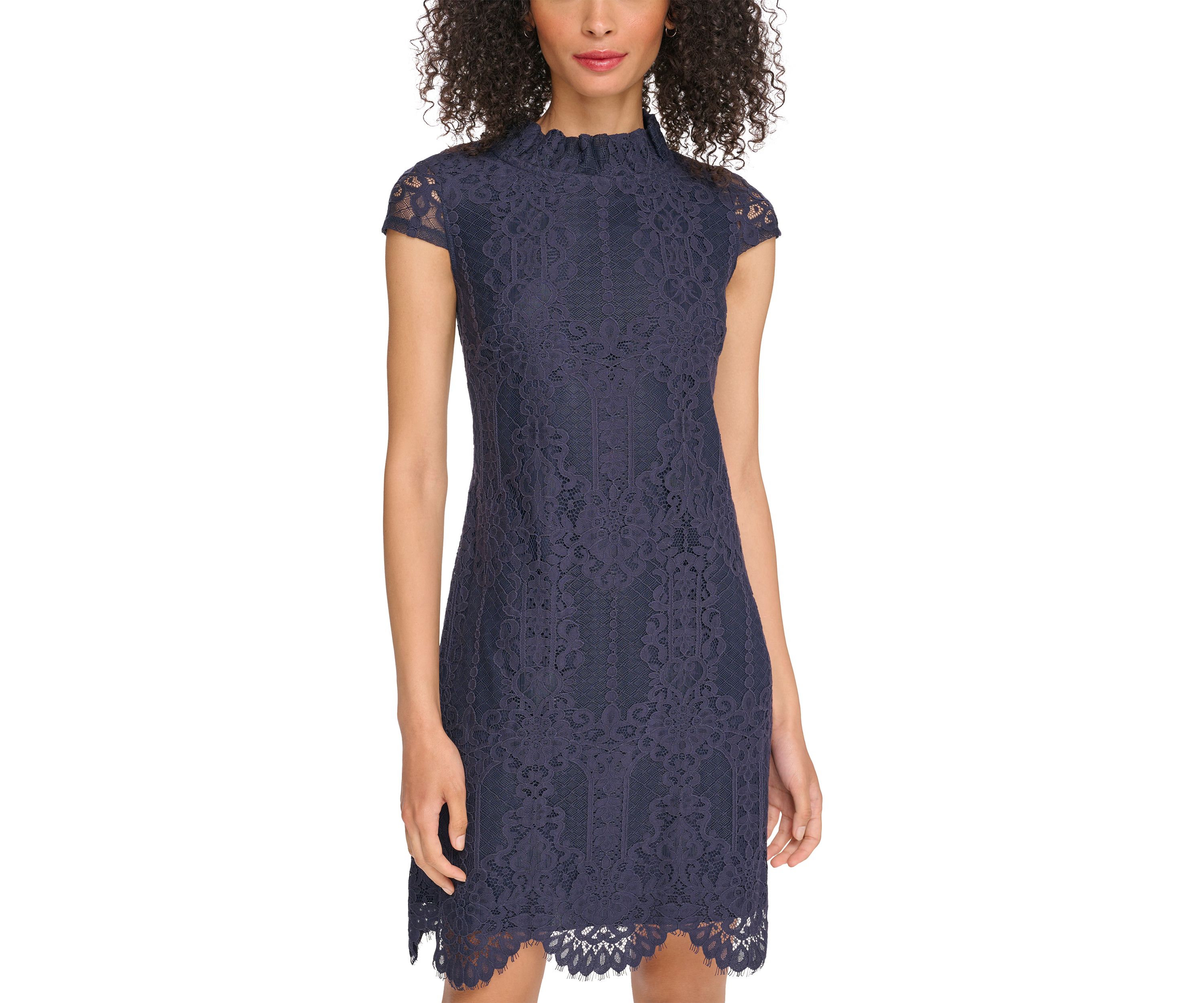 Womens Lace Ruffle Neck Shift Dress