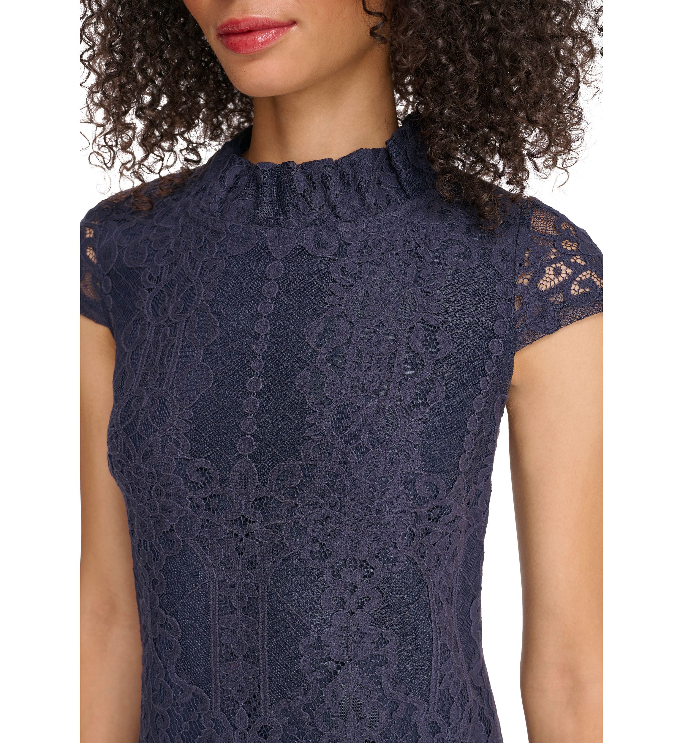 Womens Lace Ruffle Neck Shift Dress