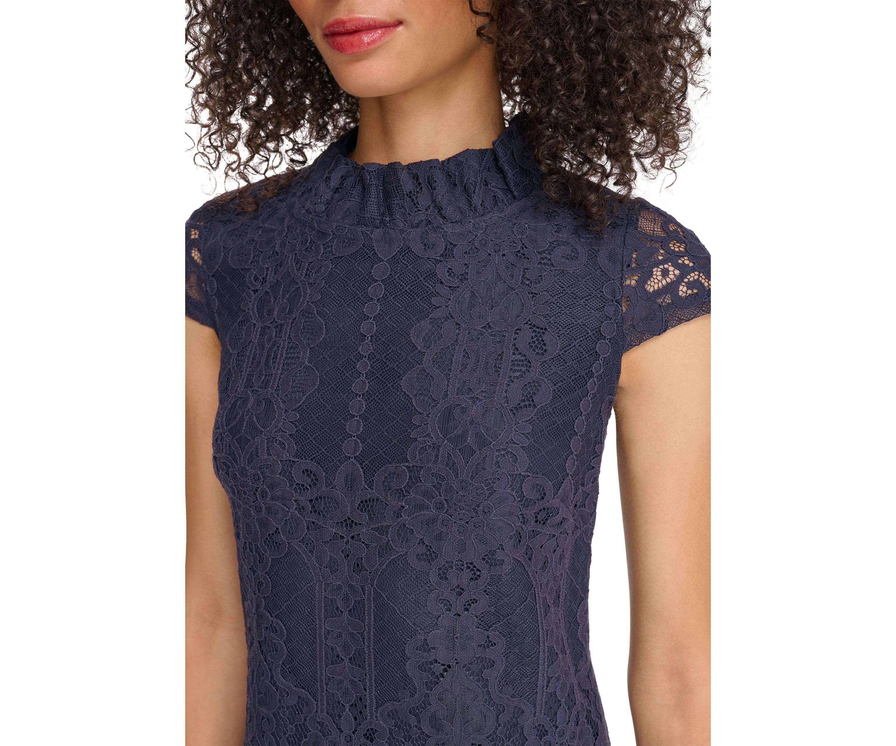 Womens Lace Ruffle Neck Shift Dress