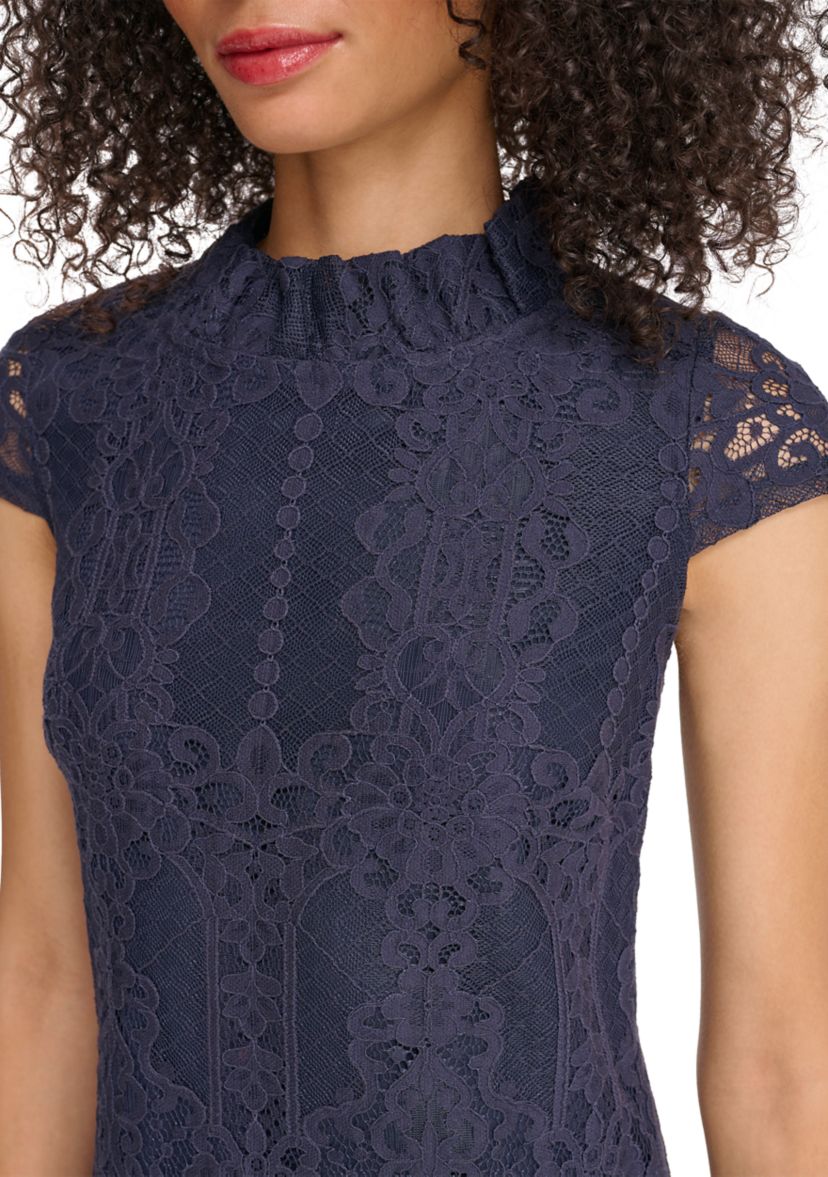 Womens Lace Ruffle Neck Shift Dress