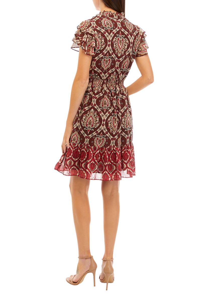 Womens Ruffle Sleeve Tie Neck Smock Waist Printed Fit and Flare Dress