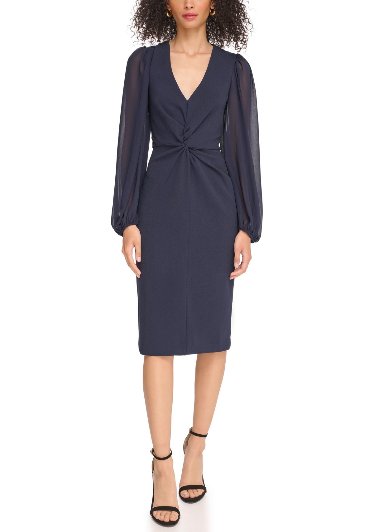 Womens Signature Stretch Crepe Twist Front Bodycon with Chiffon Sleeves