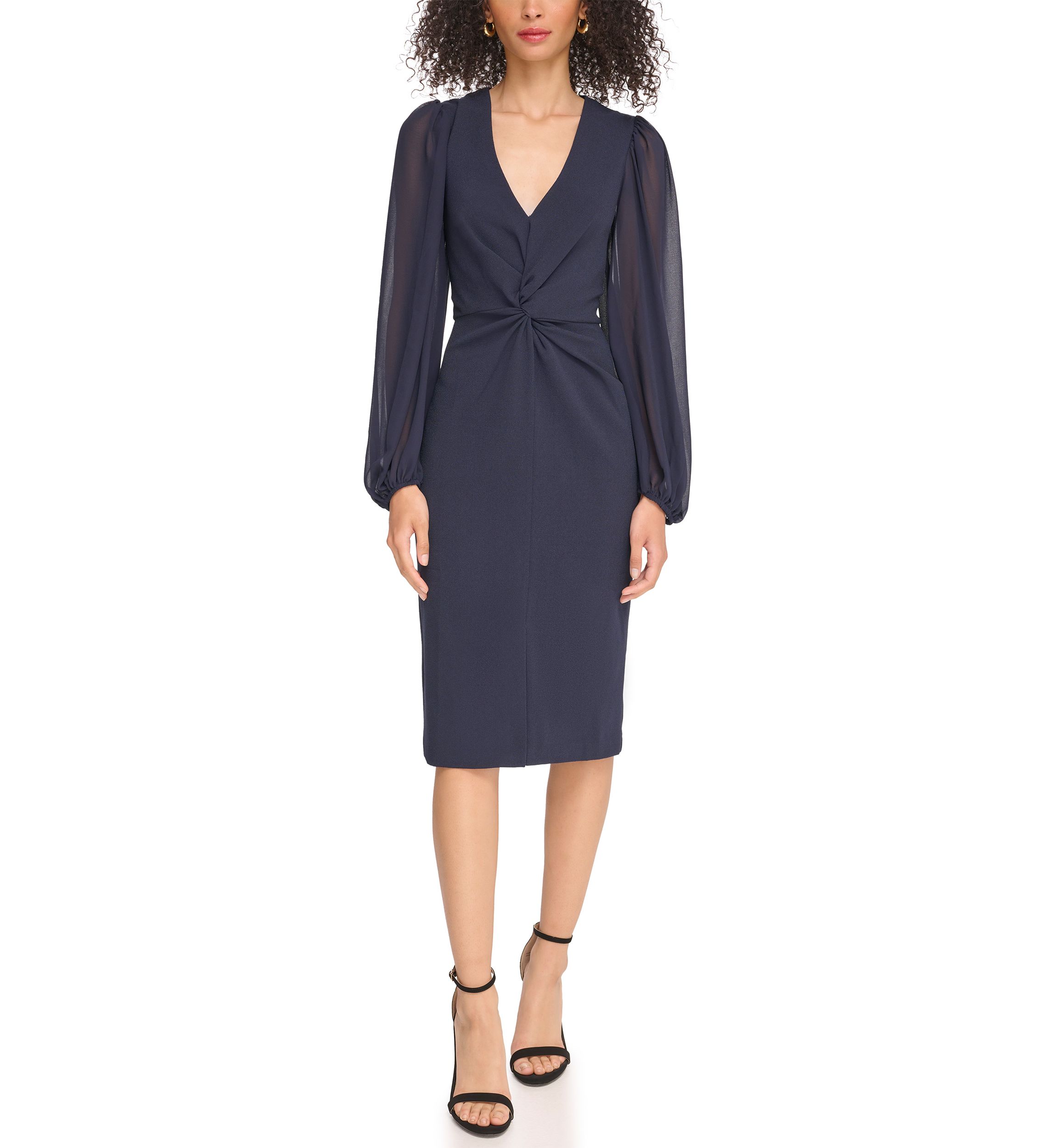 Womens Signature Stretch Crepe Twist Front Bodycon with Chiffon Sleeves