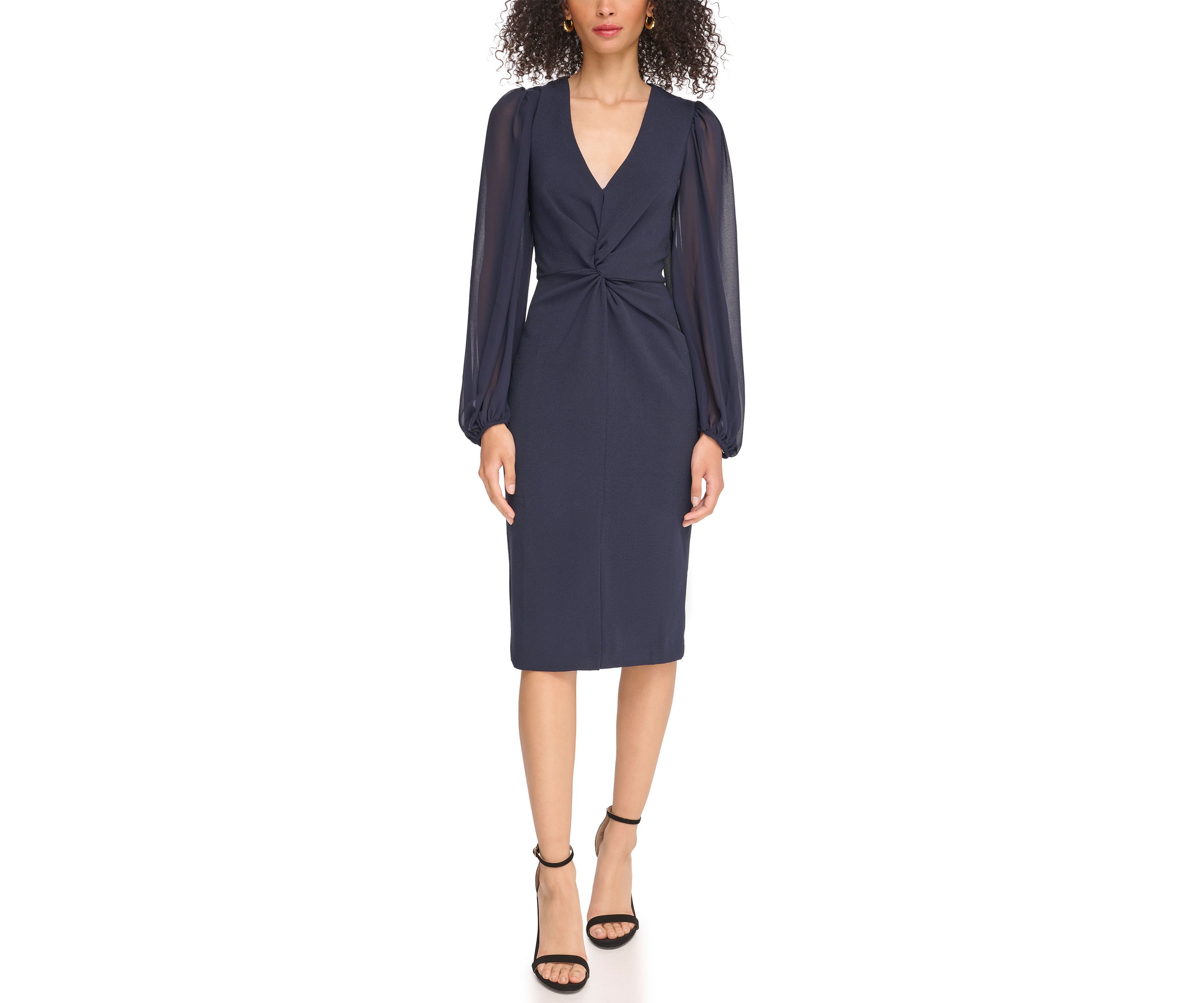 Womens Signature Stretch Crepe Twist Front Bodycon with Chiffon Sleeves
