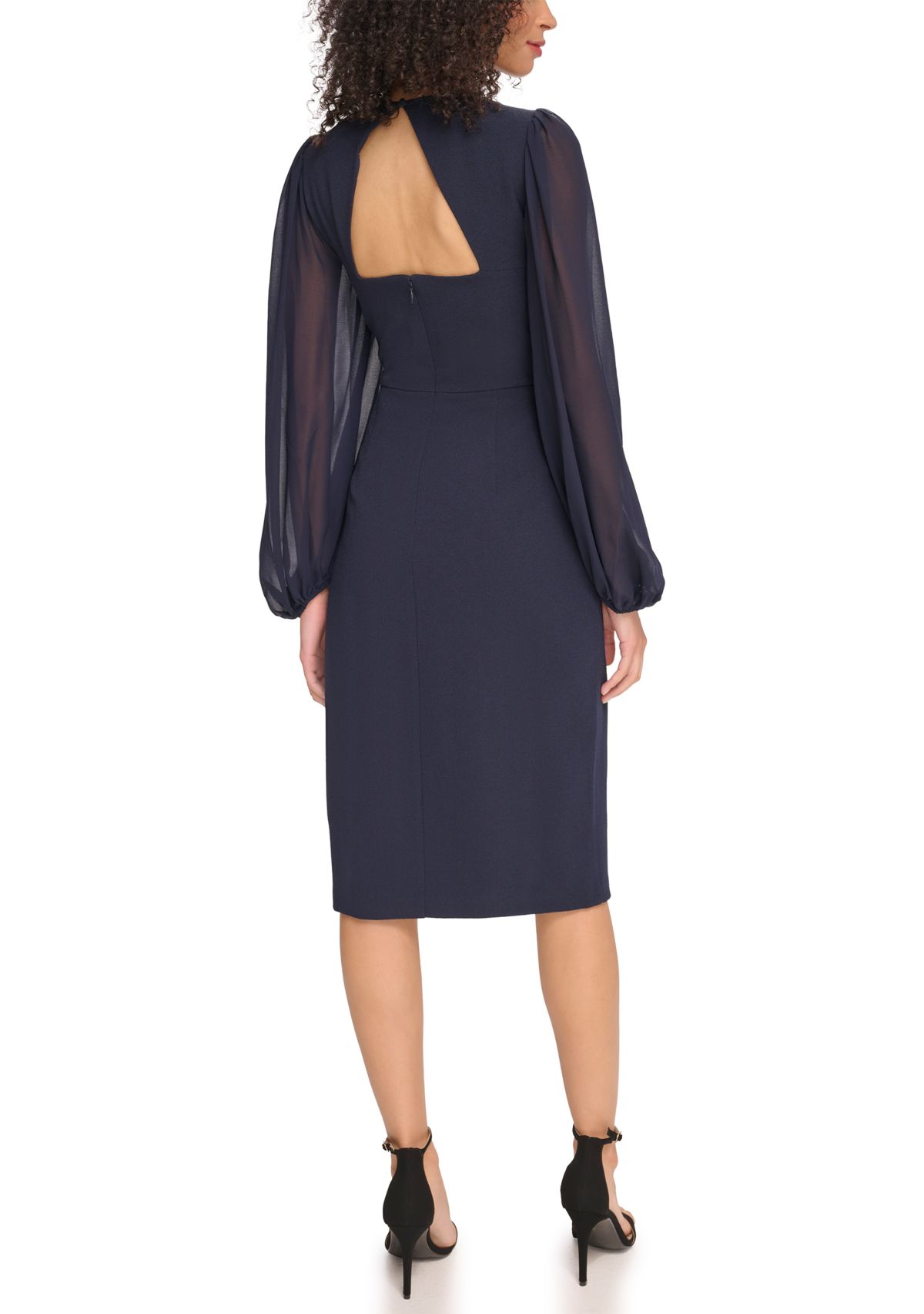 Womens Signature Stretch Crepe Twist Front Bodycon with Chiffon Sleeves