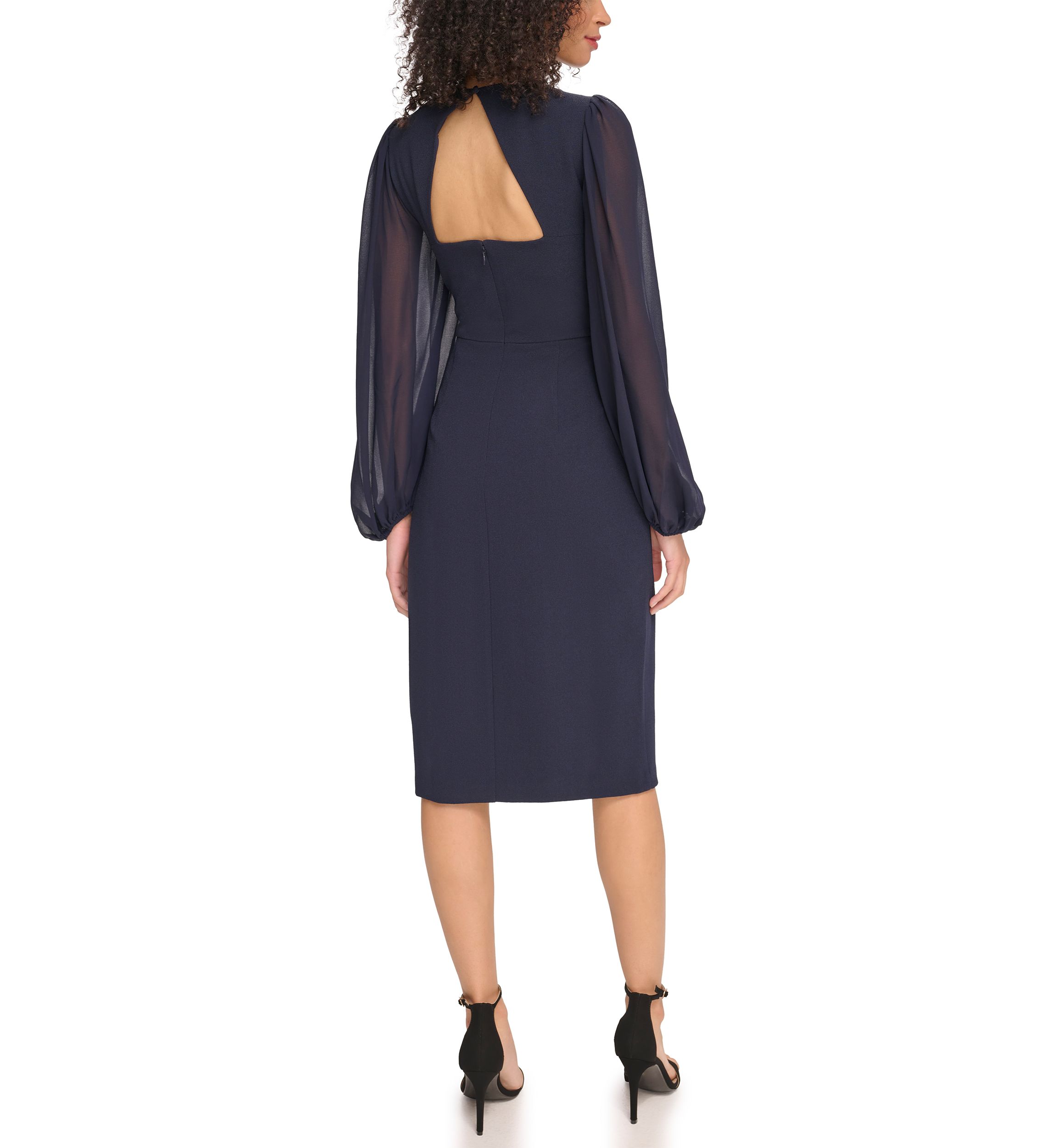 Womens Signature Stretch Crepe Twist Front Bodycon with Chiffon Sleeves