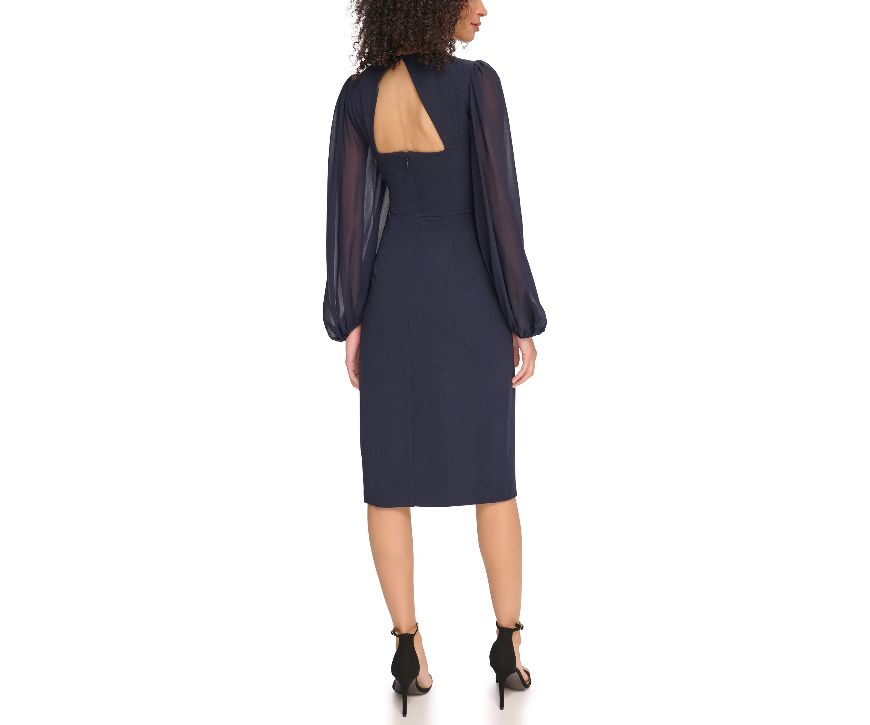 Womens Signature Stretch Crepe Twist Front Bodycon with Chiffon Sleeves