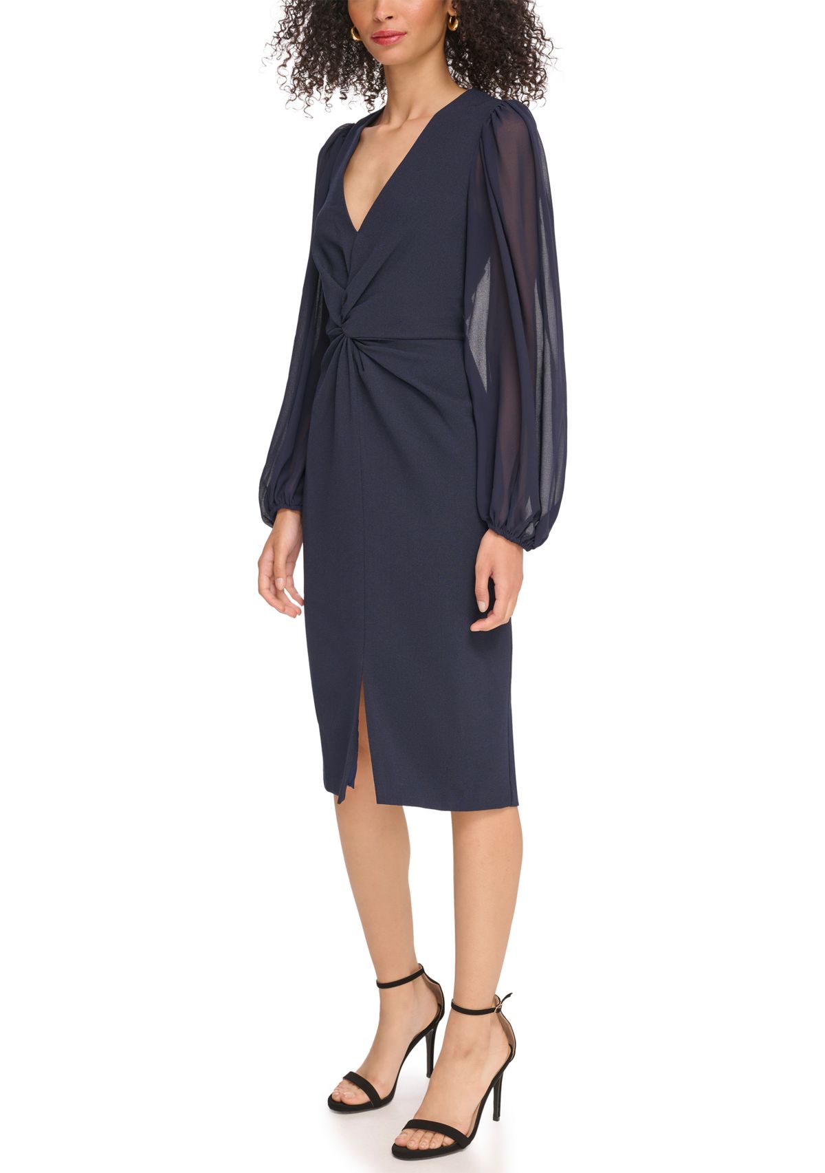 Womens Signature Stretch Crepe Twist Front Bodycon with Chiffon Sleeves