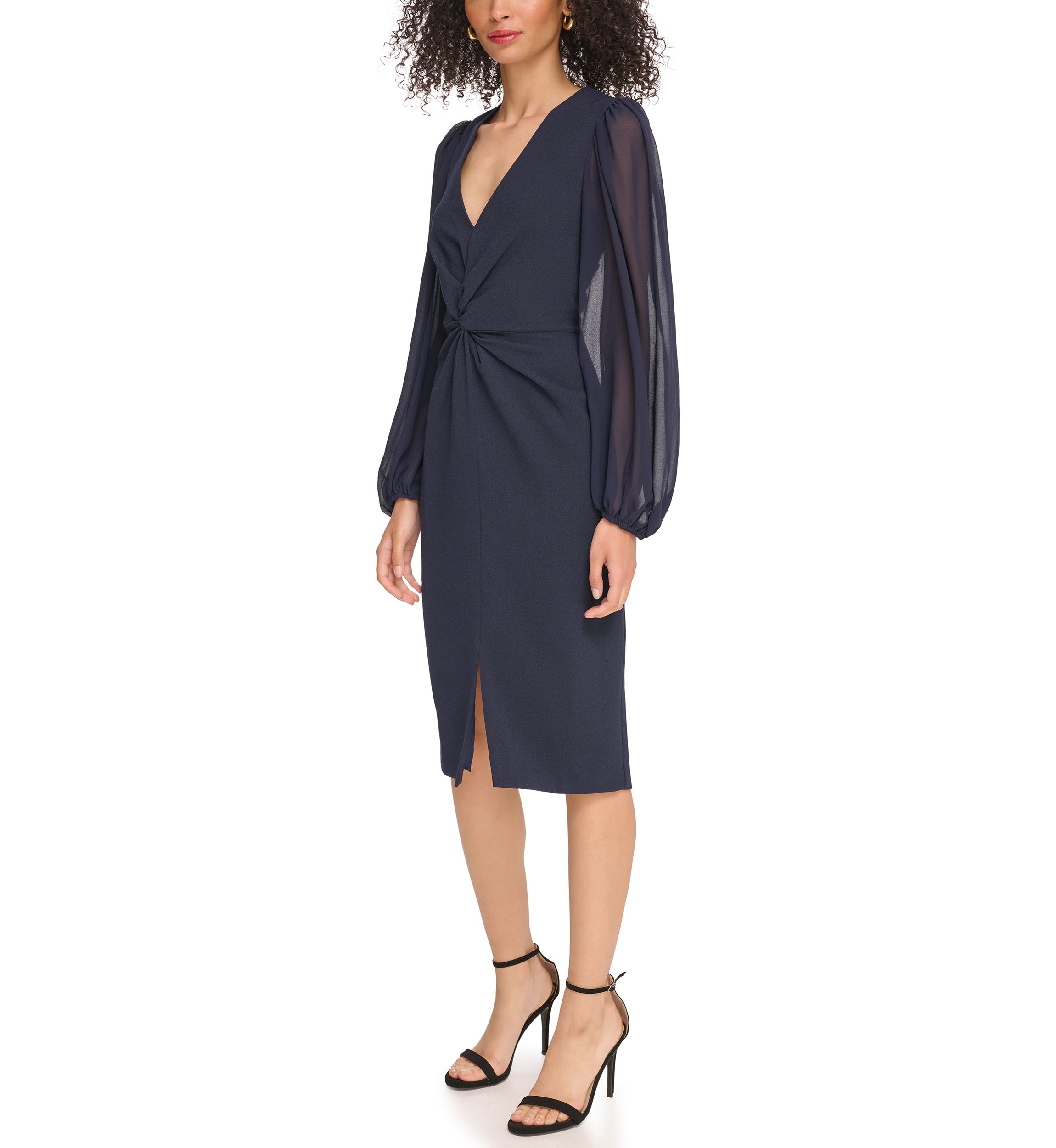 Womens Signature Stretch Crepe Twist Front Bodycon with Chiffon Sleeves