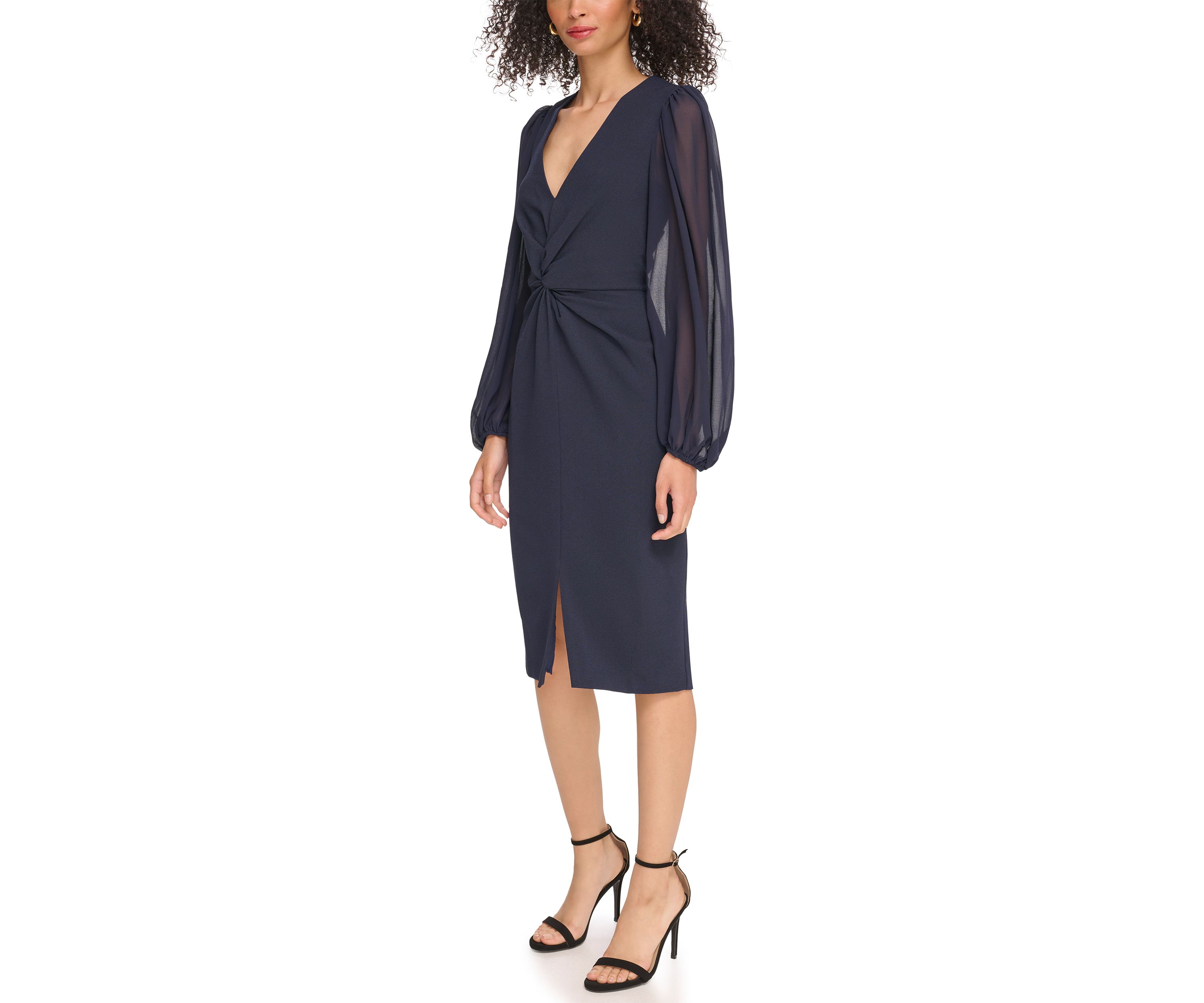 Womens Signature Stretch Crepe Twist Front Bodycon with Chiffon Sleeves