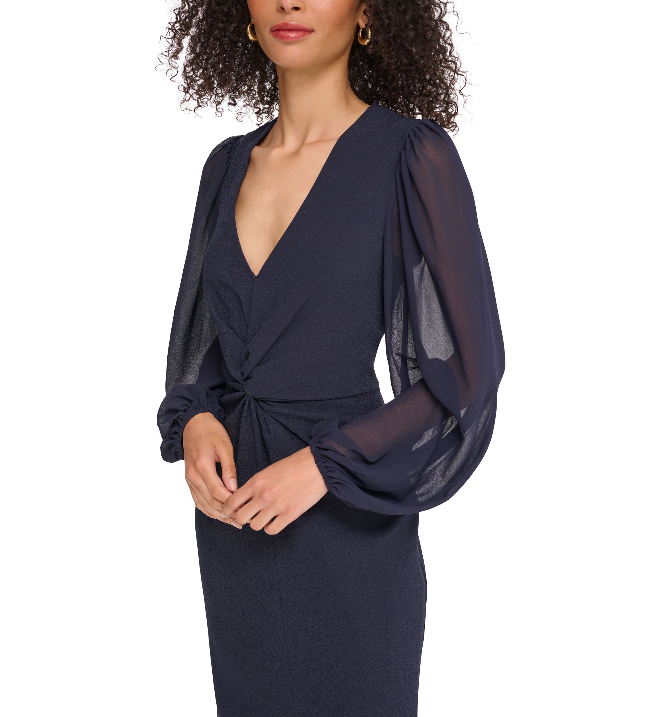 Womens Signature Stretch Crepe Twist Front Bodycon with Chiffon Sleeves