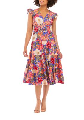 Vince Camuto Women's Smocked Waist Floral Printed Fit and Flare Midi ...