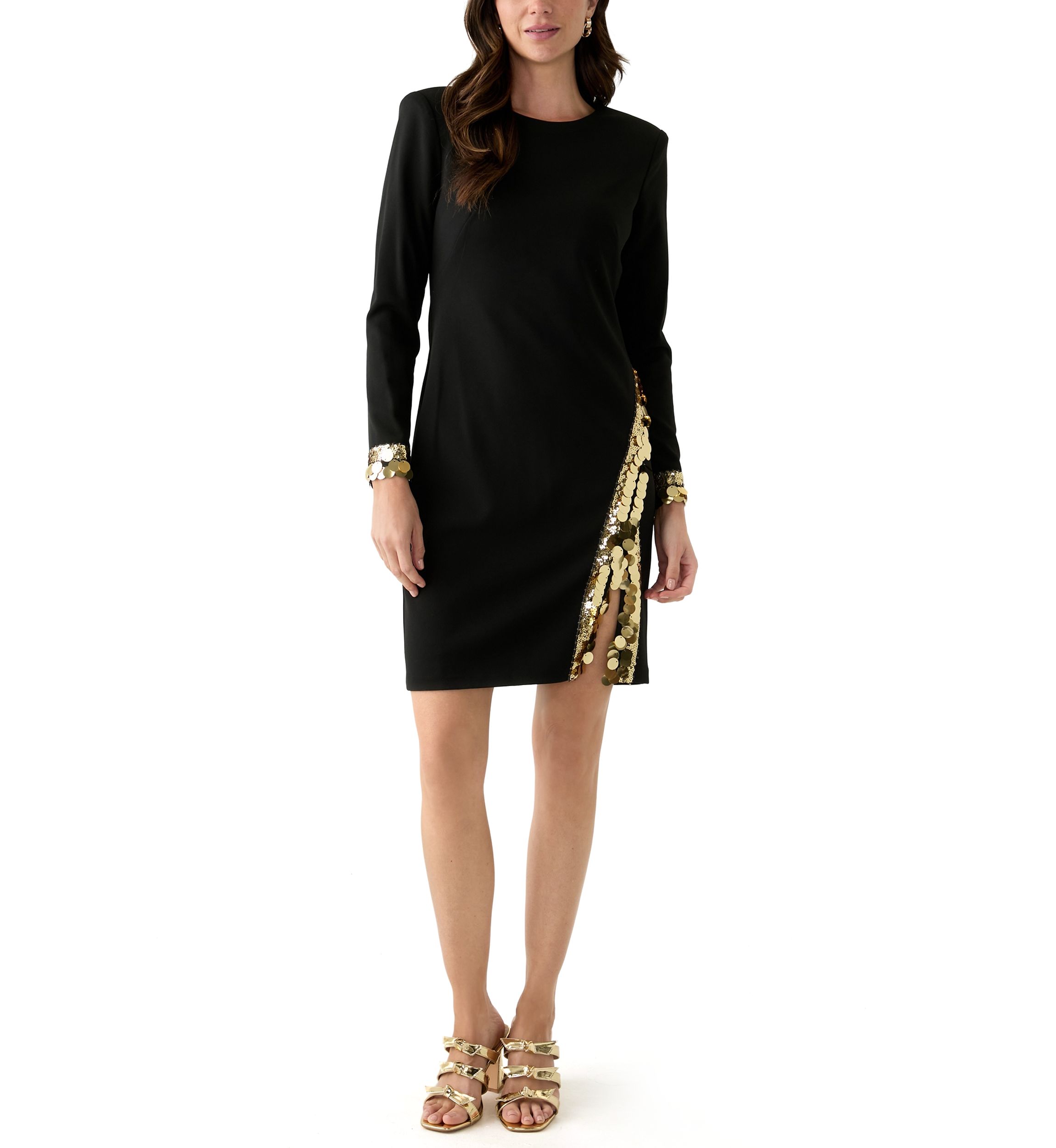 Womens Long Sleeve Crew Neck Lace Embellished Sheath Dress