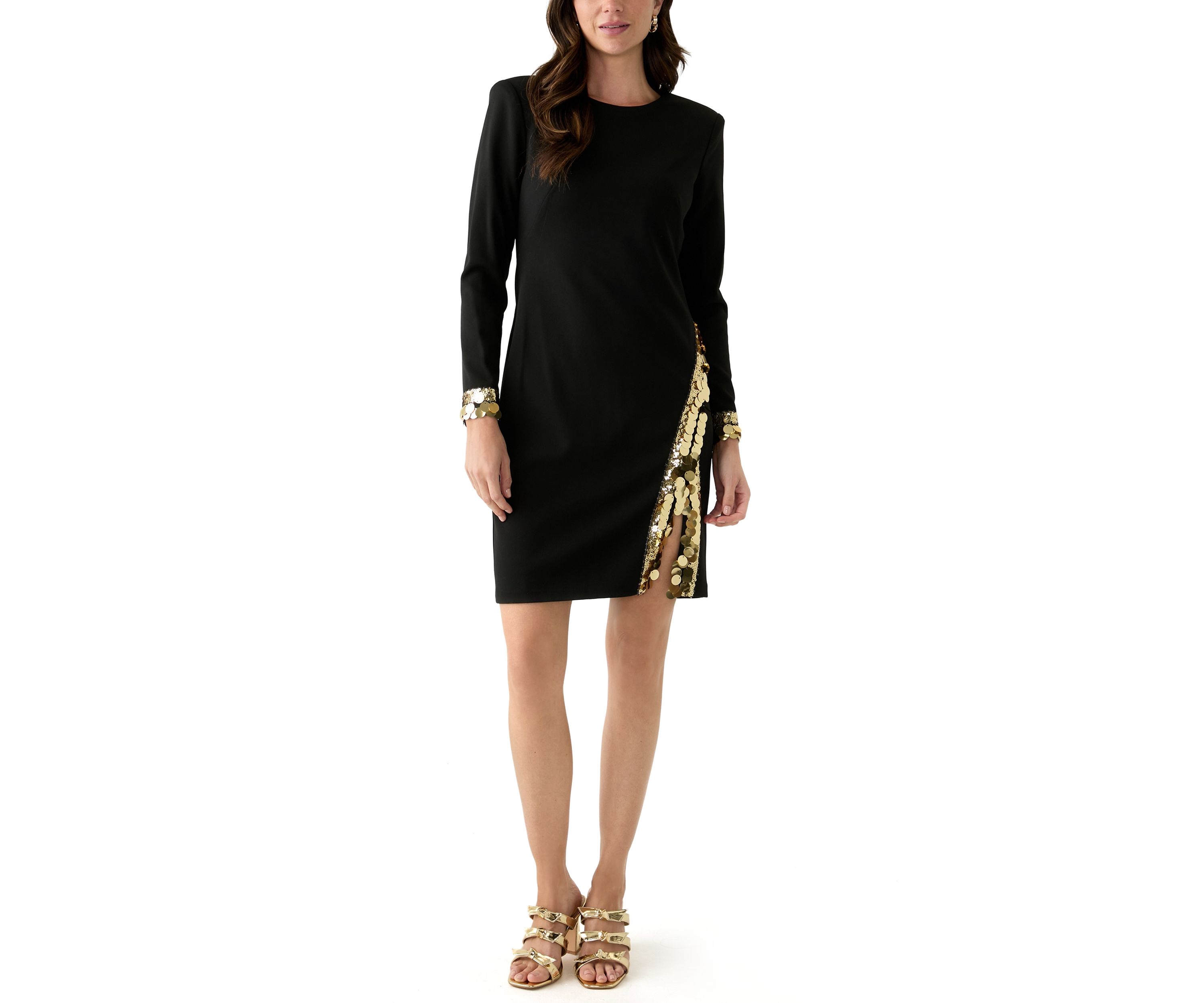 Womens Long Sleeve Crew Neck Lace Embellished Sheath Dress