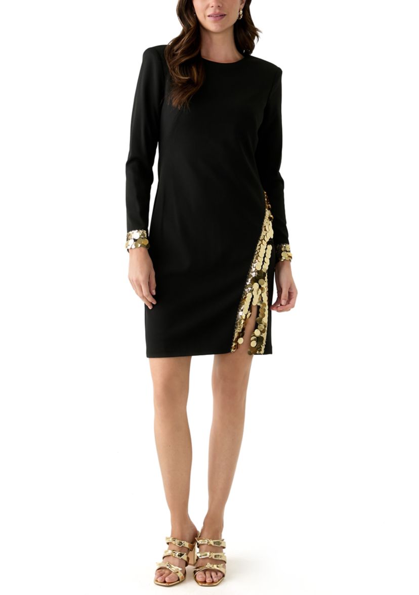 Womens Long Sleeve Crew Neck Lace Embellished Sheath Dress
