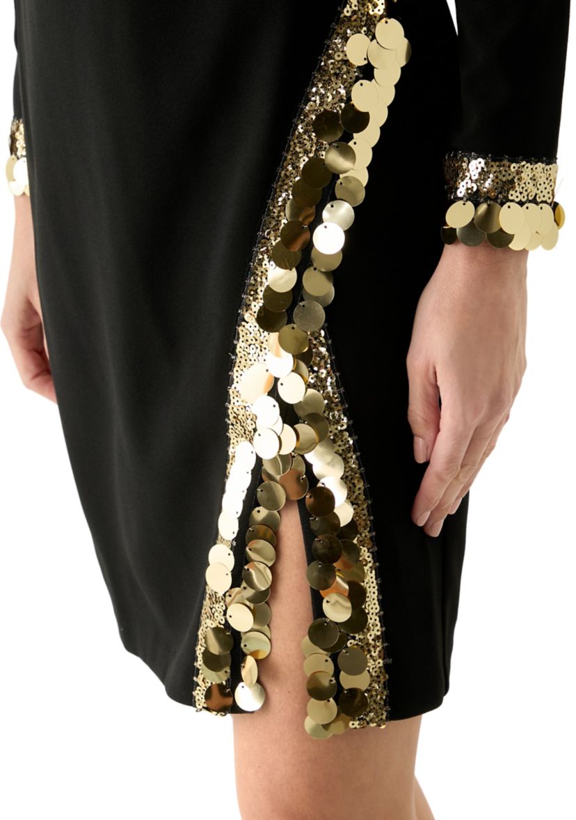 Womens Long Sleeve Crew Neck Lace Embellished Sheath Dress