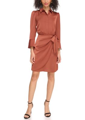 Vince Camuto Women's Satin Shirtdress with Overlapping Skirt, Brown, 10