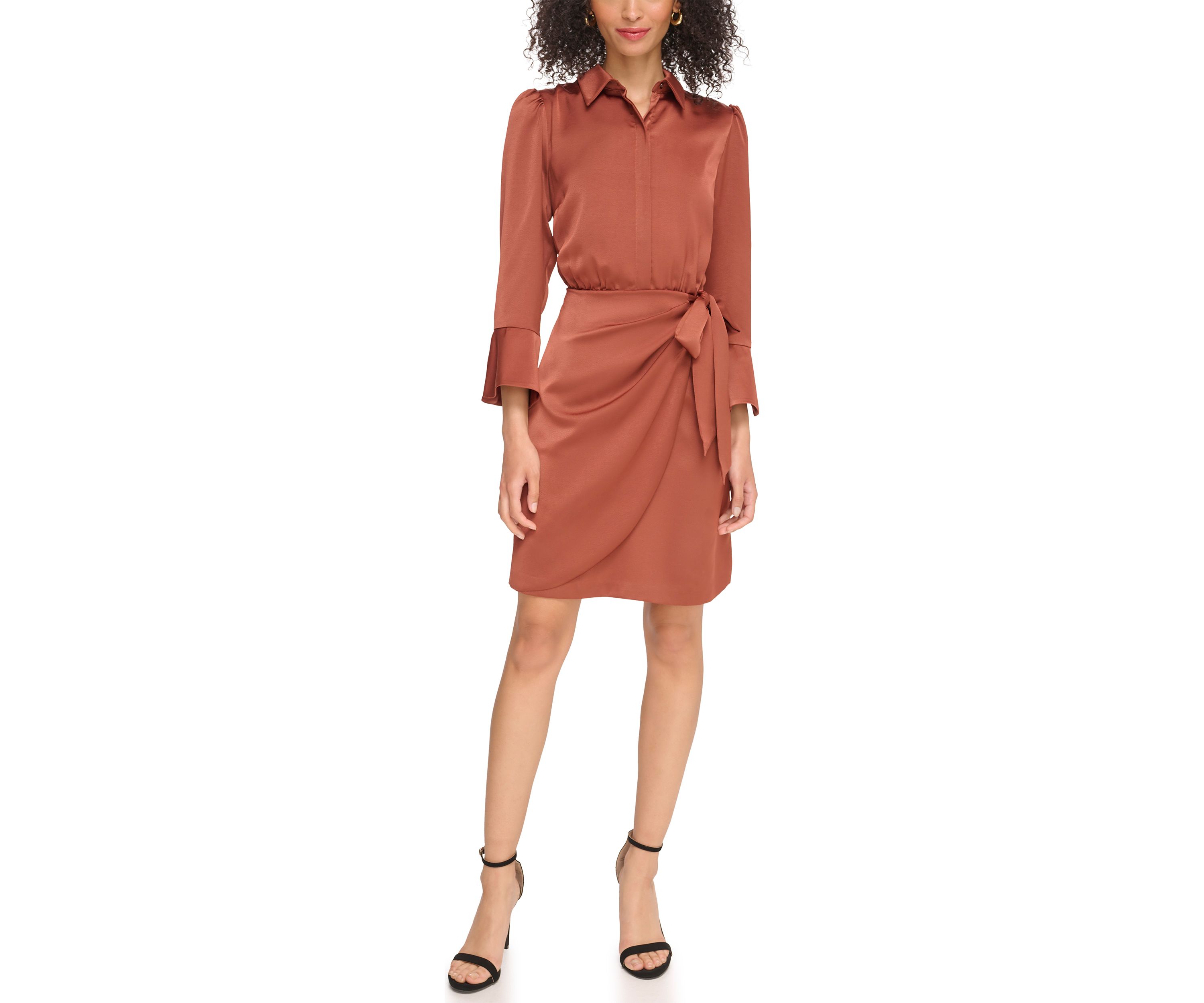 Womens Satin Shirtdress with Overlapping Skirt