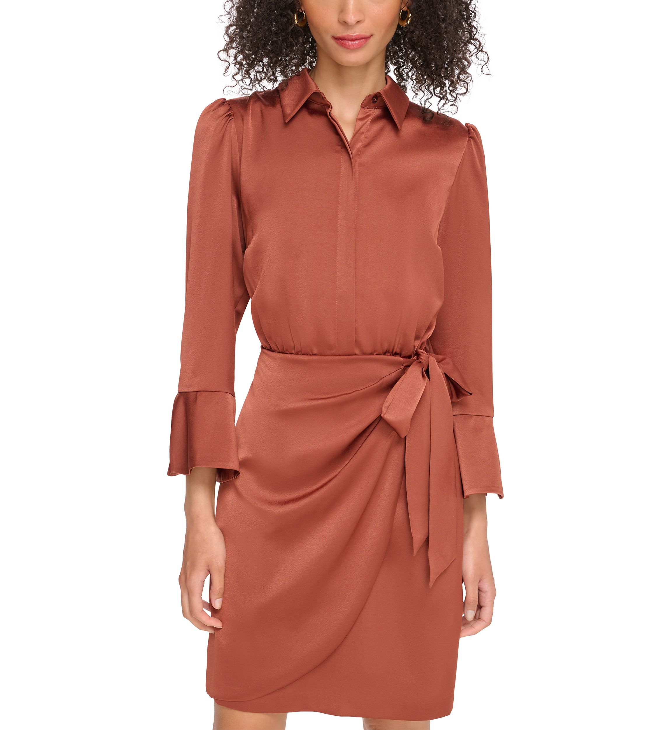 Womens Satin Shirtdress with Overlapping Skirt