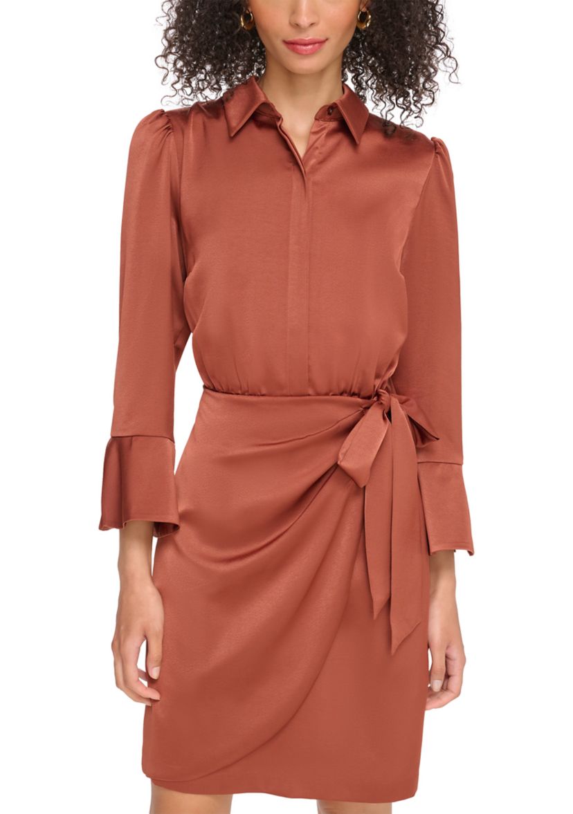 Womens Satin Shirtdress with Overlapping Skirt