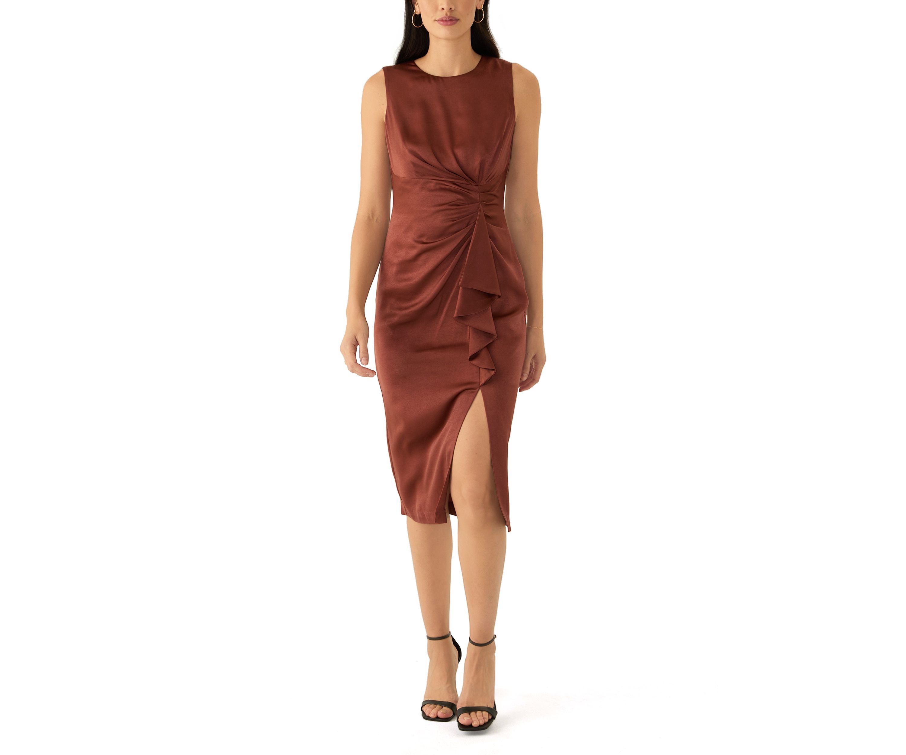 Womens Sleeveless Crew Neck Side Ruched Satin Sheath Dress
