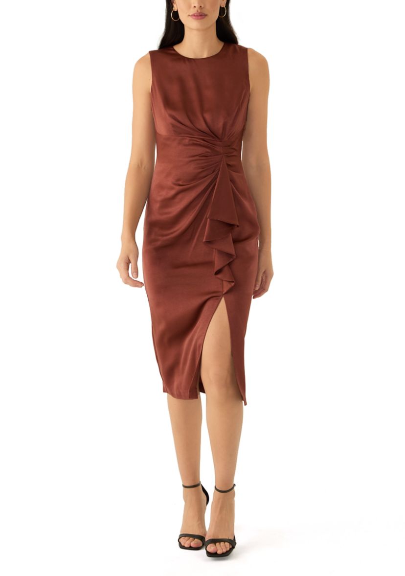 Womens Sleeveless Crew Neck Side Ruched Satin Sheath Dress