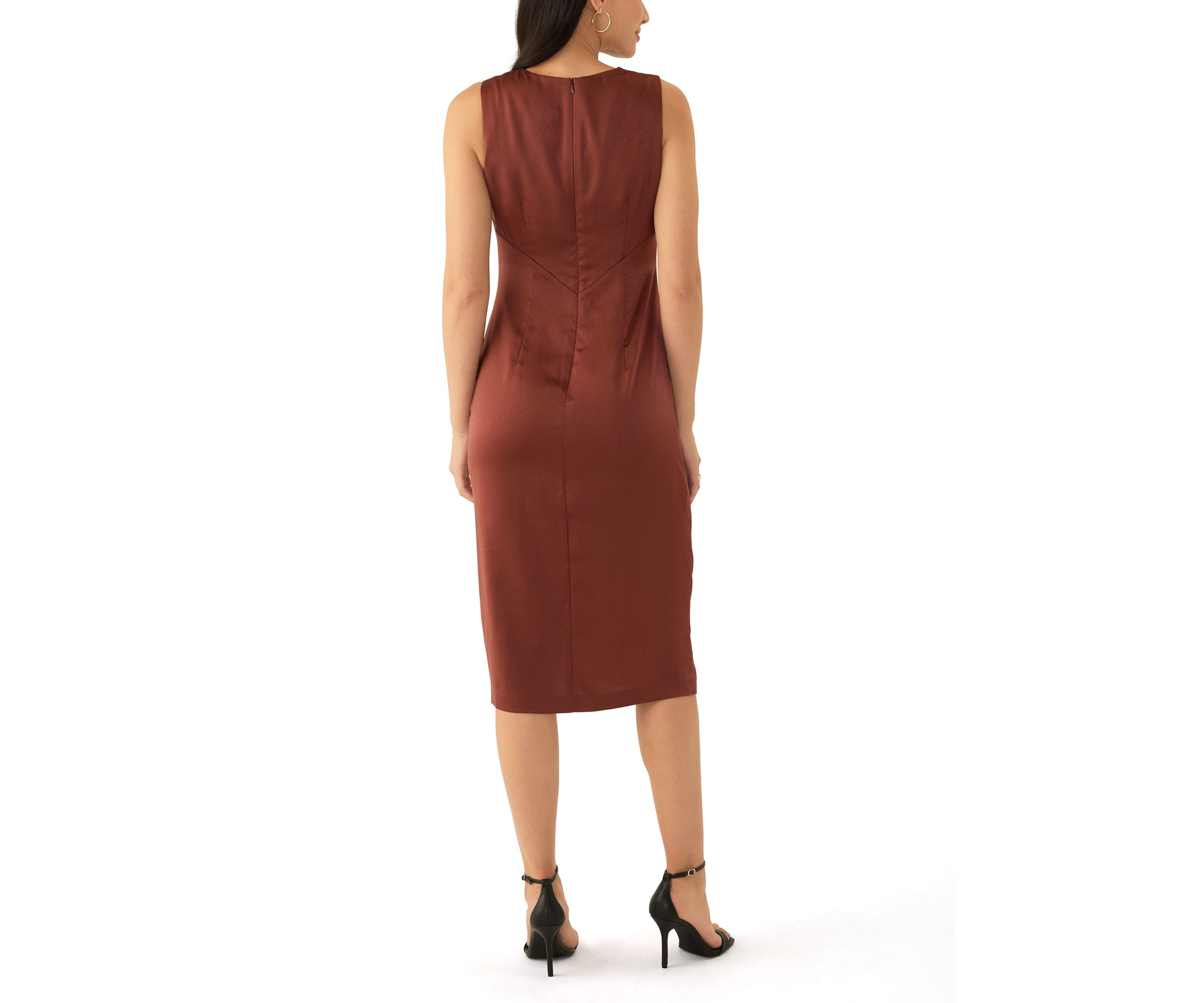 Womens Sleeveless Crew Neck Side Ruched Satin Sheath Dress