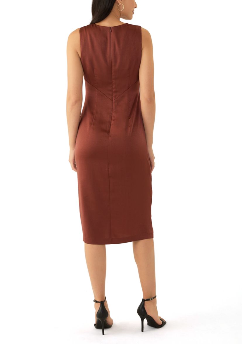 Womens Sleeveless Crew Neck Side Ruched Satin Sheath Dress