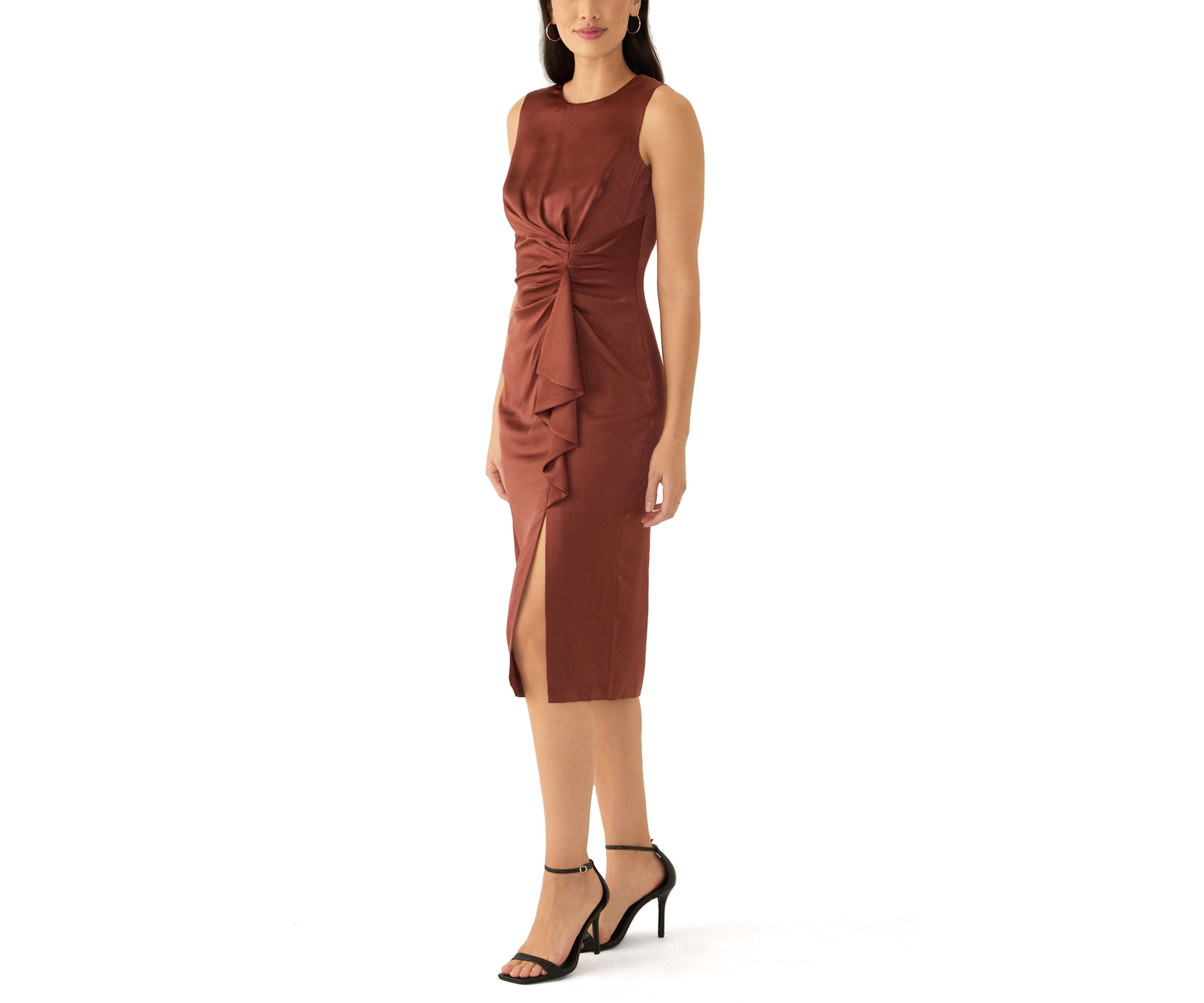 Womens Sleeveless Crew Neck Side Ruched Satin Sheath Dress