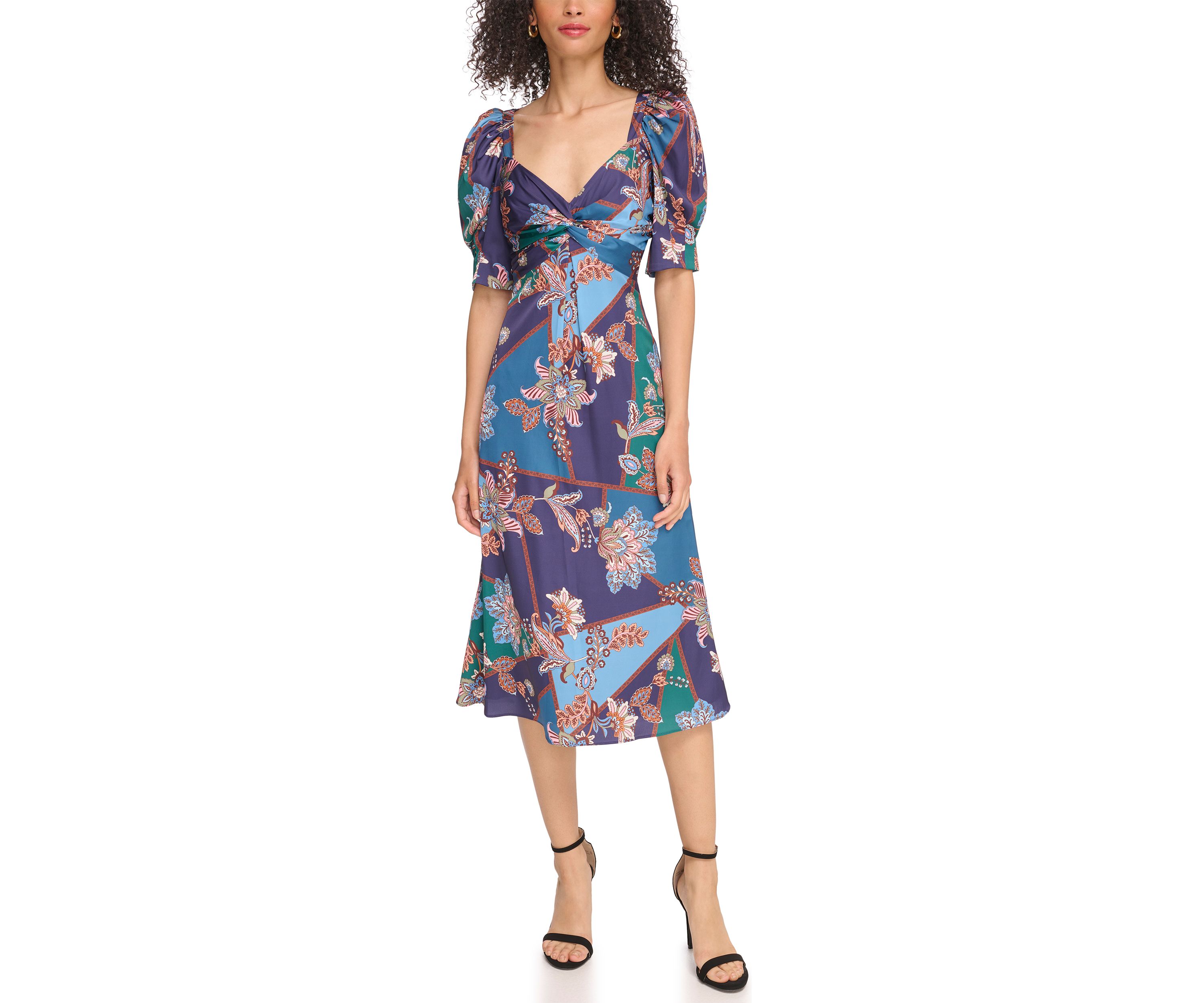 Womens Printed Satin Twist Front Puff Sleeve Midi Dress
