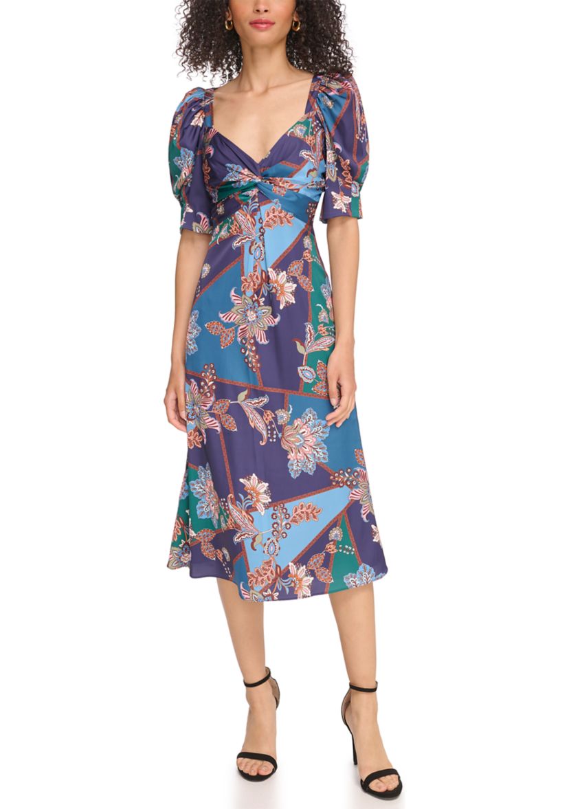 Womens Printed Satin Twist Front Puff Sleeve Midi Dress