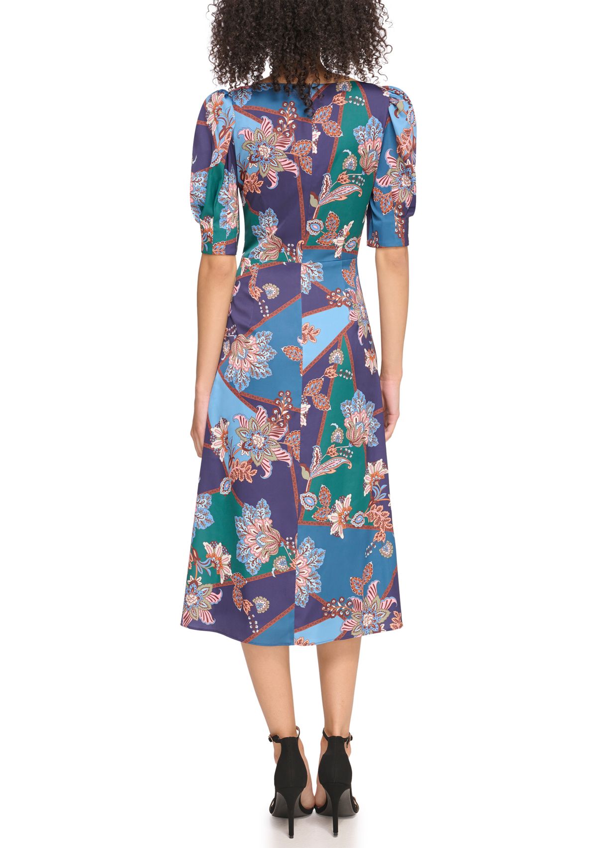 Womens Printed Satin Twist Front Puff Sleeve Midi Dress