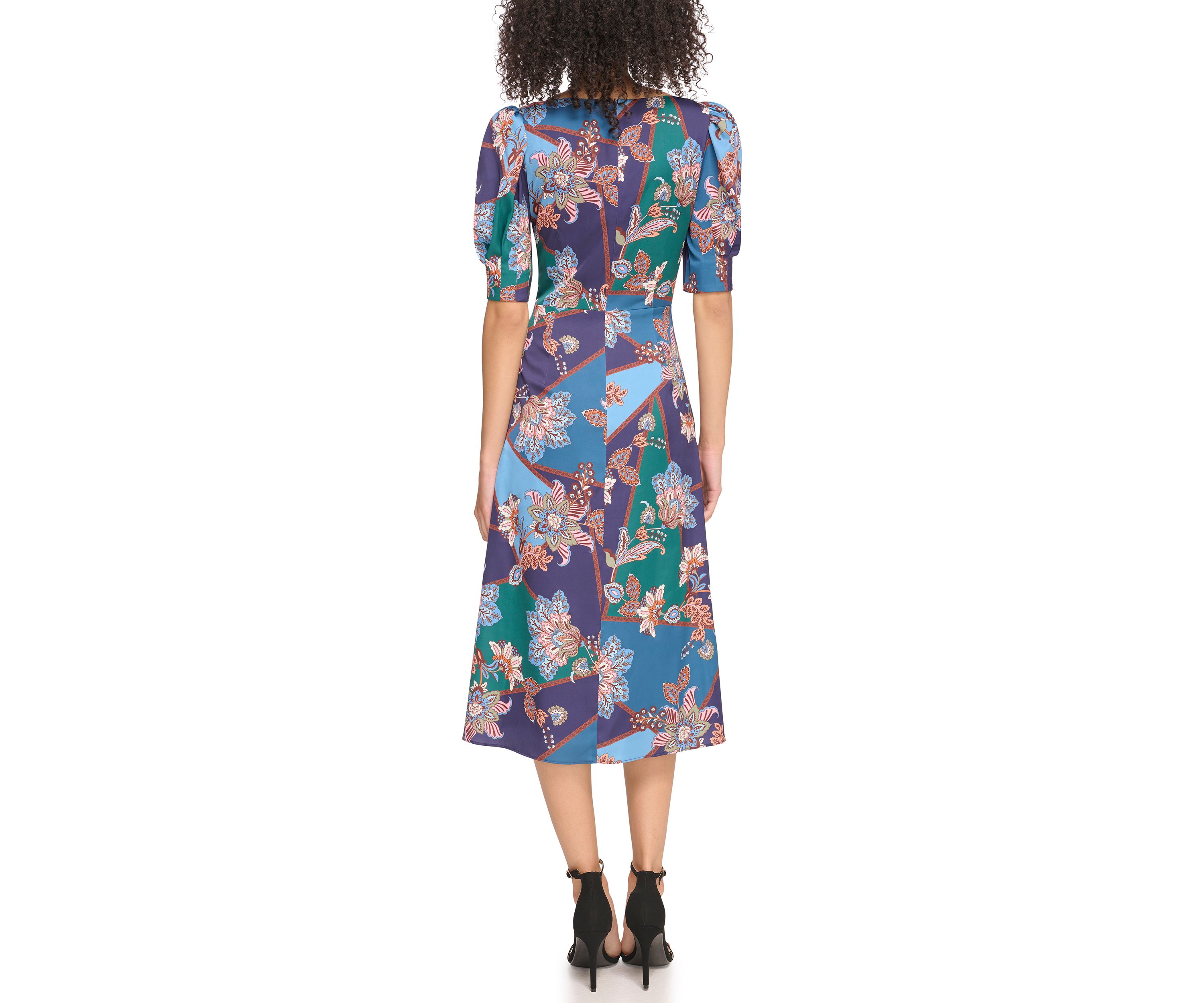 Womens Printed Satin Twist Front Puff Sleeve Midi Dress