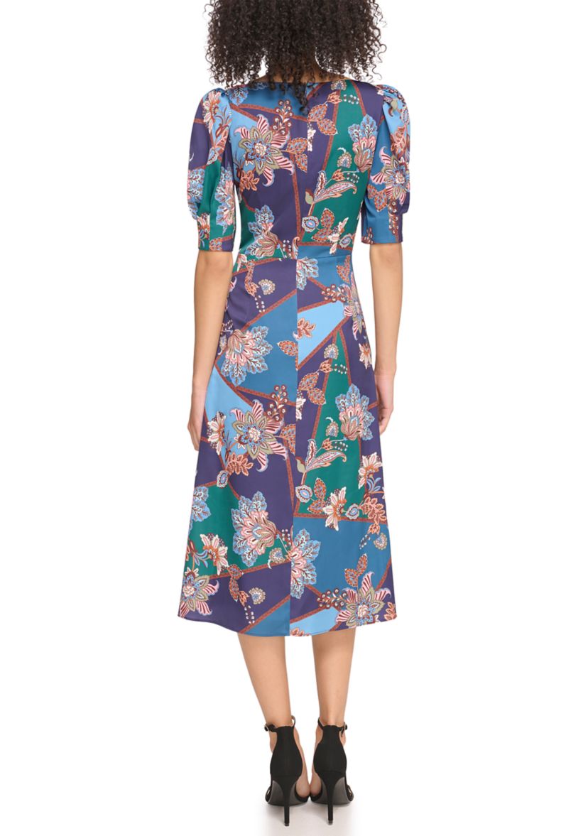 Womens Printed Satin Twist Front Puff Sleeve Midi Dress
