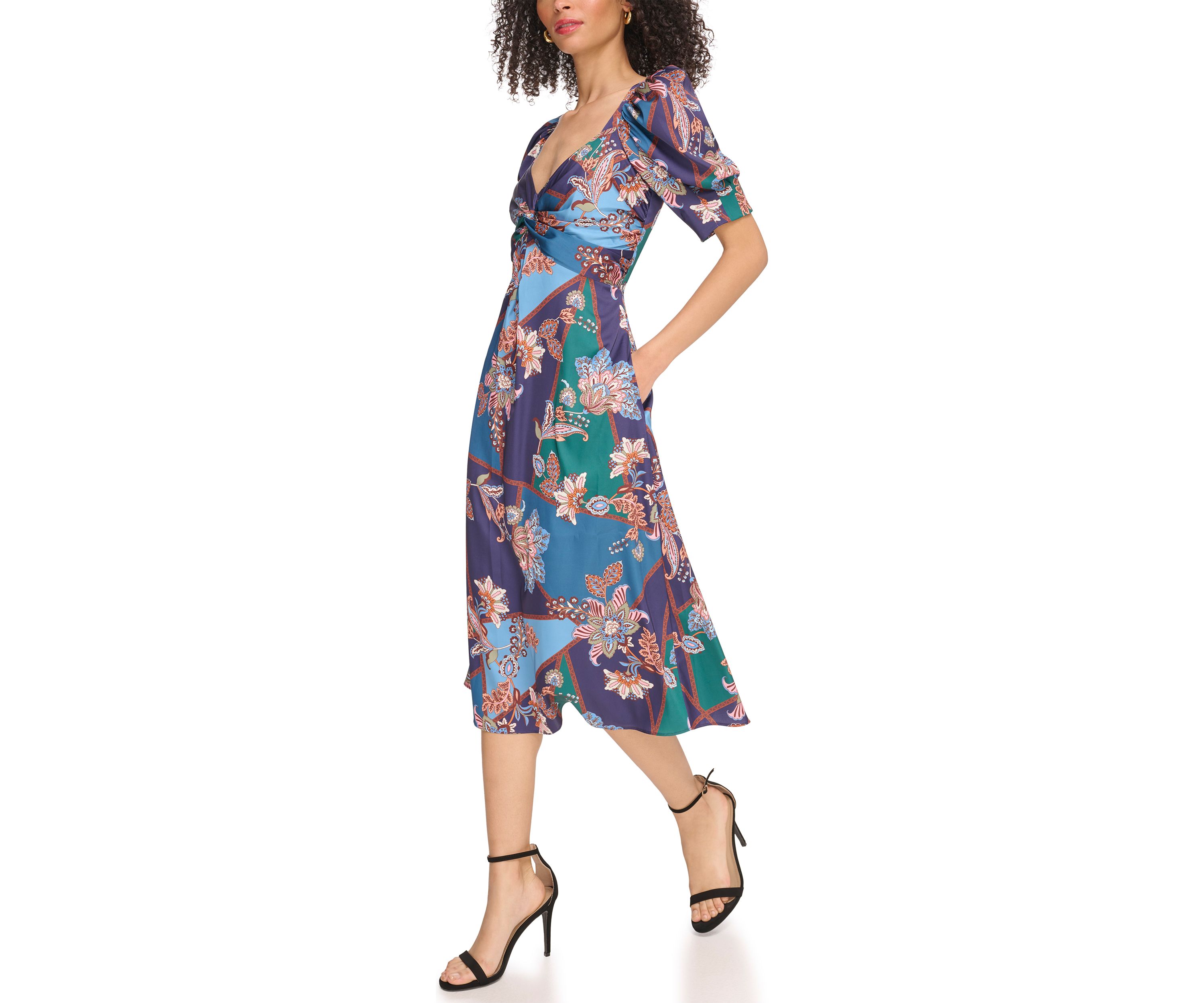 Womens Printed Satin Twist Front Puff Sleeve Midi Dress