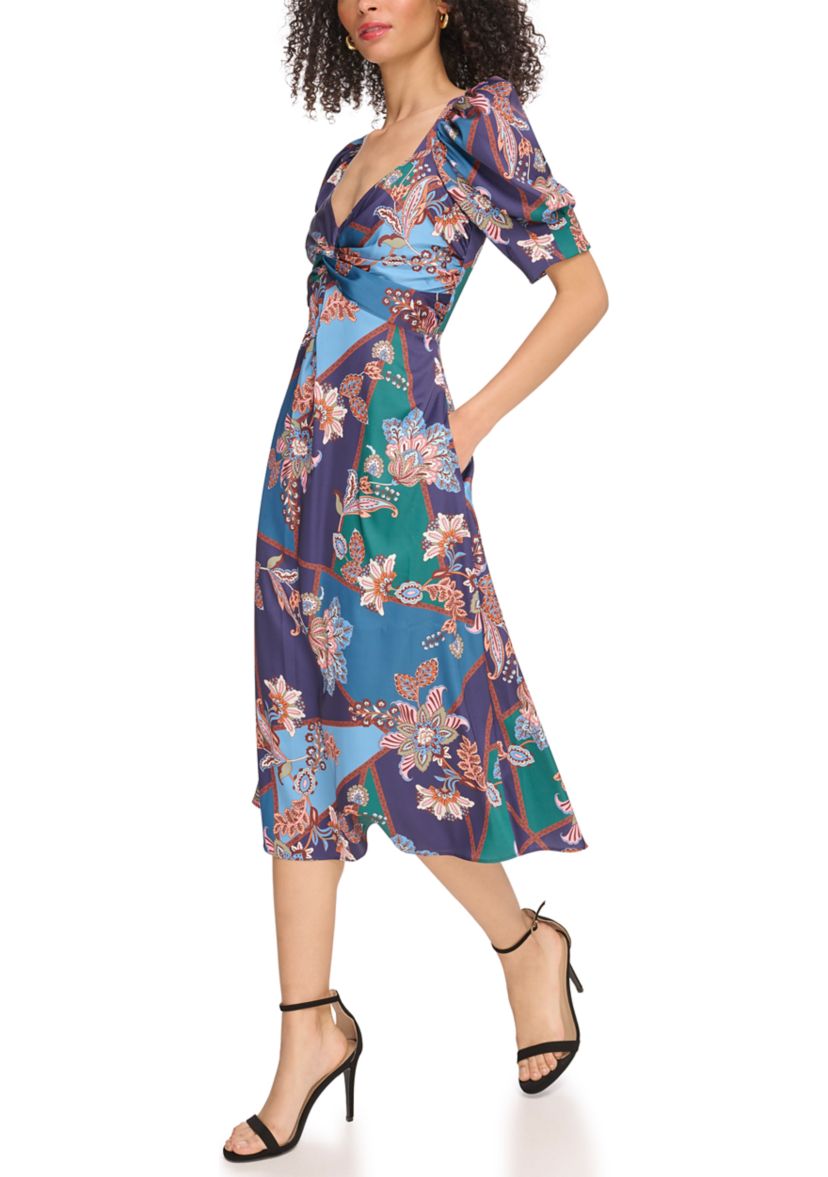 Womens Printed Satin Twist Front Puff Sleeve Midi Dress