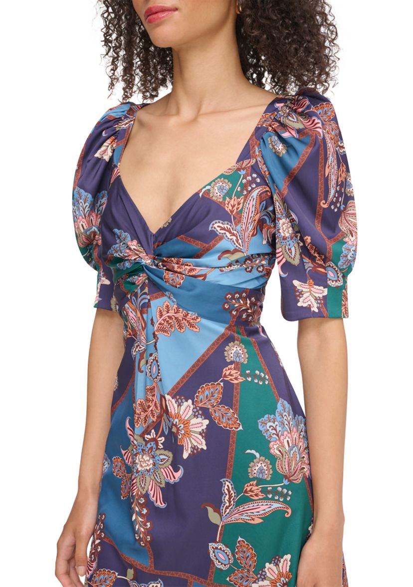 Womens Printed Satin Twist Front Puff Sleeve Midi Dress
