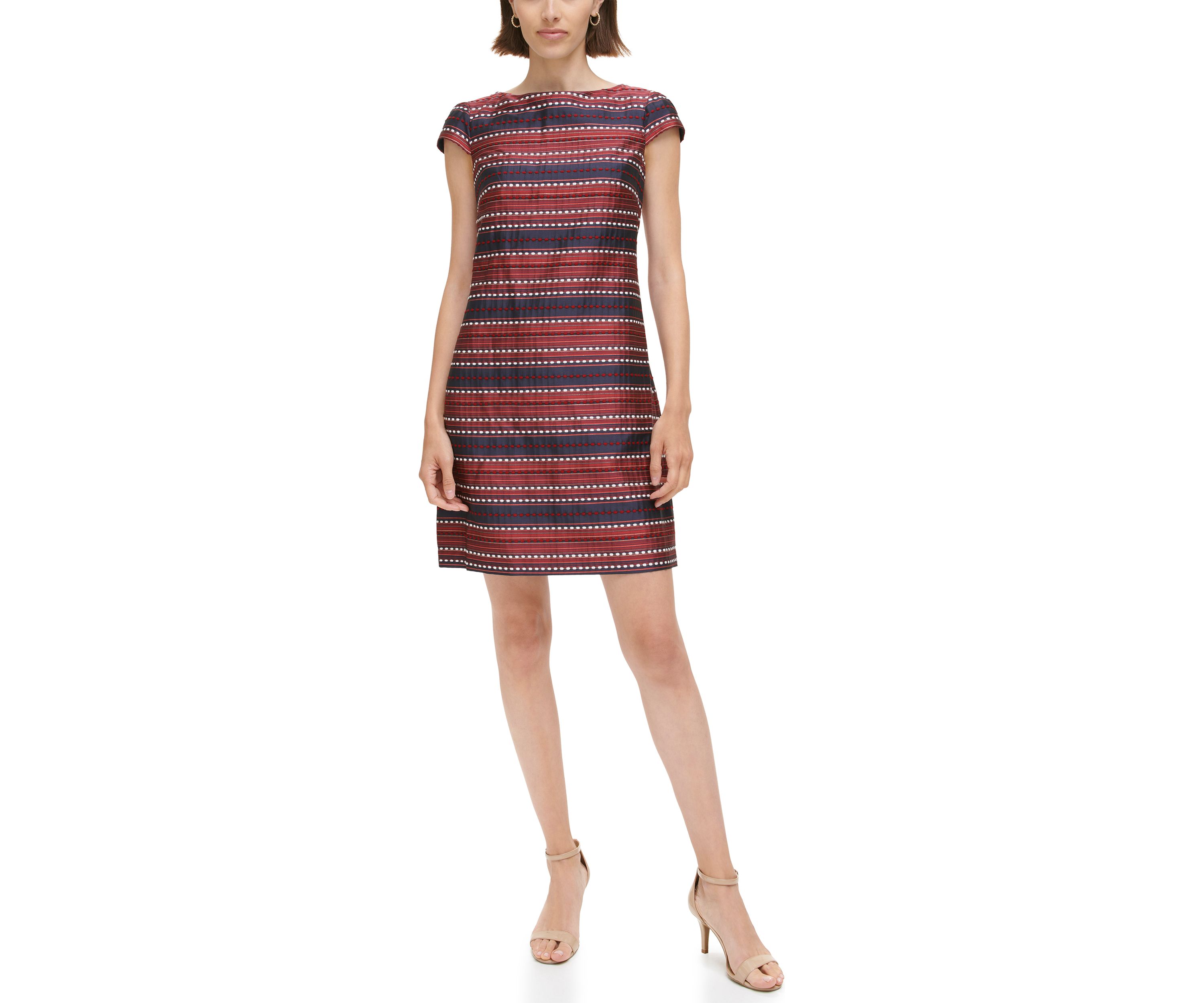 Womens Jacquard Shift Dress with Cap Sleeves