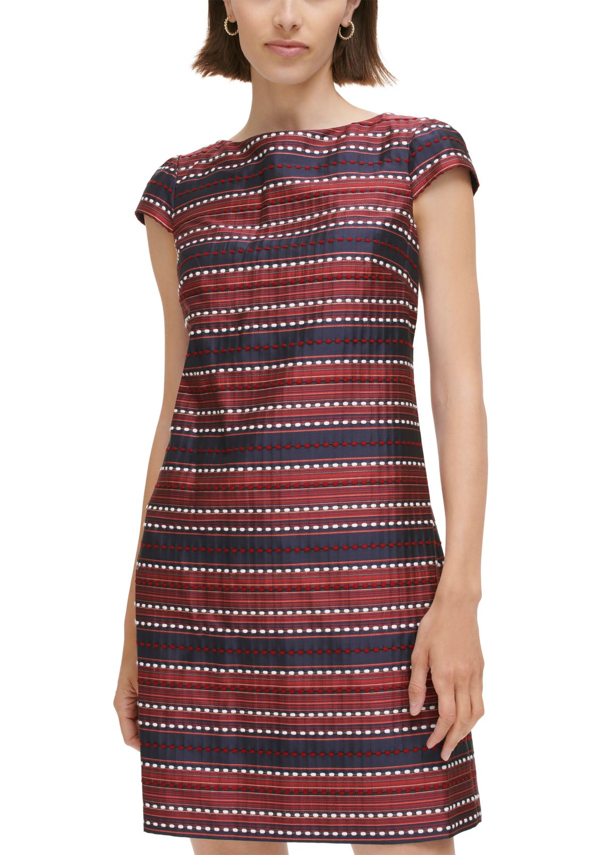 Womens Jacquard Shift Dress with Cap Sleeves