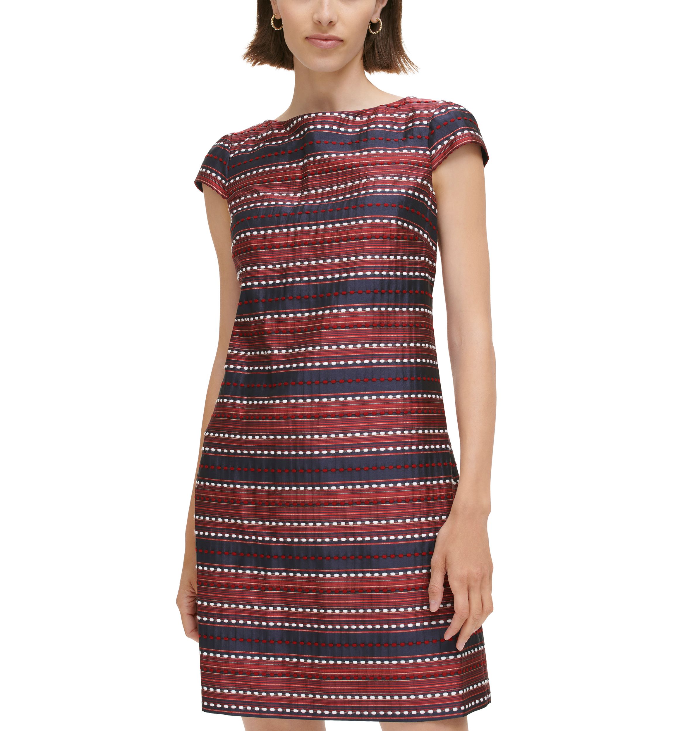 Womens Jacquard Shift Dress with Cap Sleeves