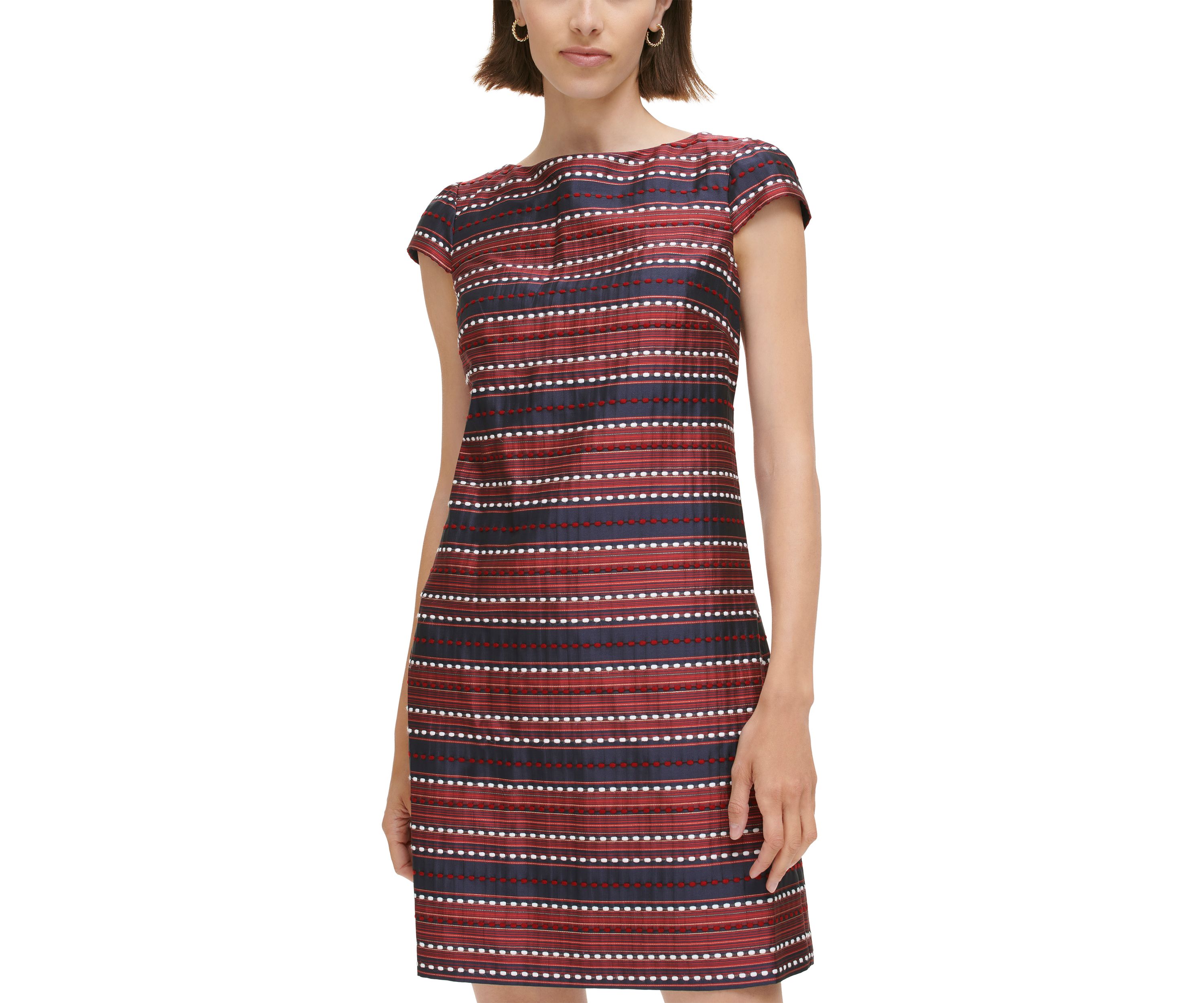 Womens Jacquard Shift Dress with Cap Sleeves